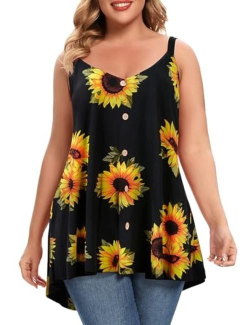 Plus Size Camisole V Neck Button Cami Tank Tops Women’s 2X Black Sunflower