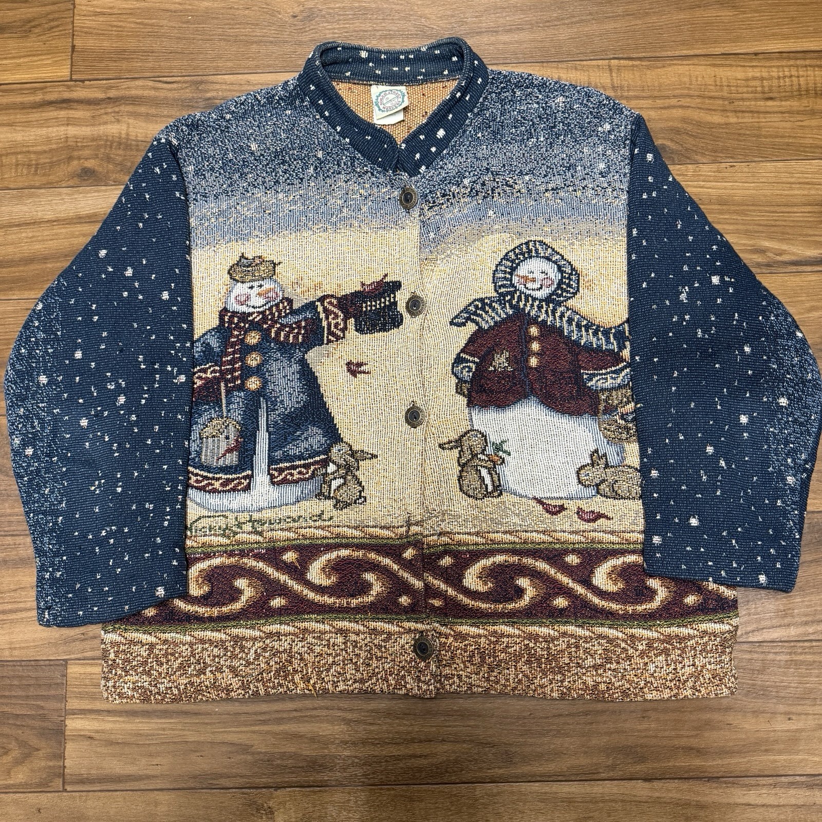Sugar Street Weavers Vintage Tapestry Cardigan Winter Snowman Sweater Medium