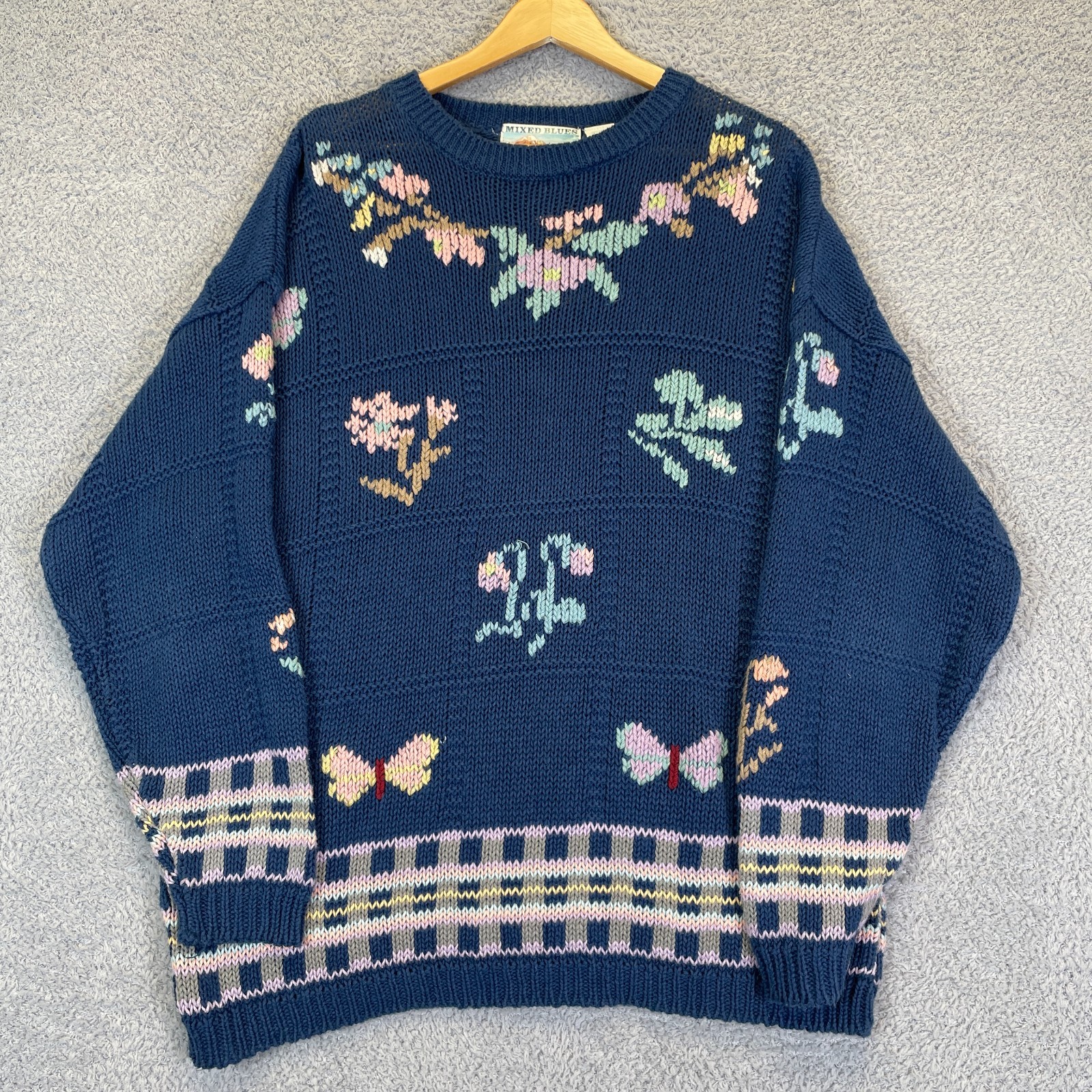 Vintage 90s Mixed Blues Floral Butterfly Sweater Cottagecore Grandmacore Large