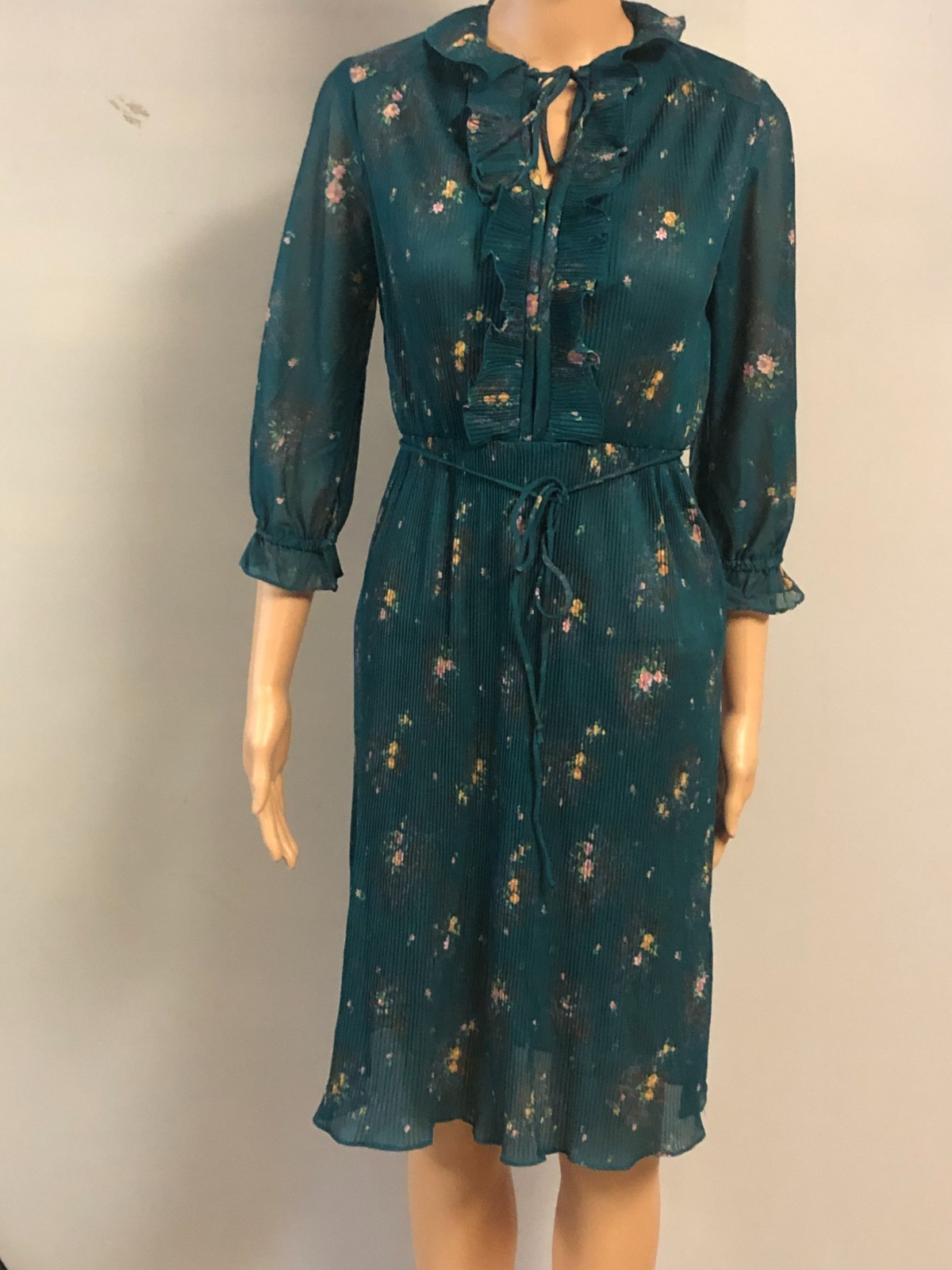 Vtg Bobby’s Girl Dress Teal Size S Chiffon Crinkle/Pleated Texture Ruffled Neck