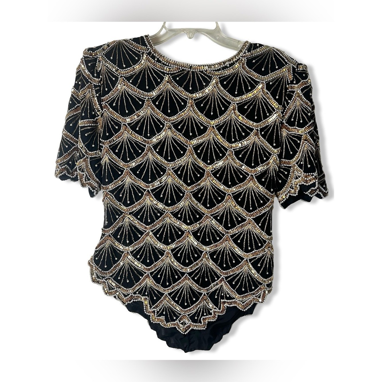 Lawrence Kazar Vintage Beaded Black Gold Silver Pearl Scallop Shell Top L