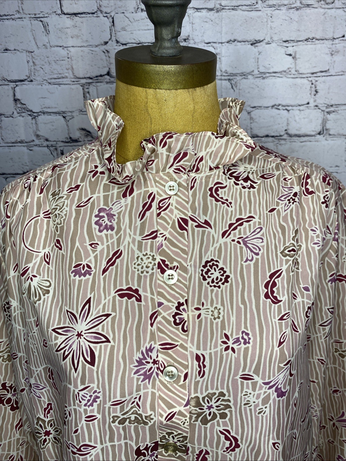 Vtg Cos Cob 60’s Ruffle Collar Button Floral Shirt Dressy Retro Poly 38
