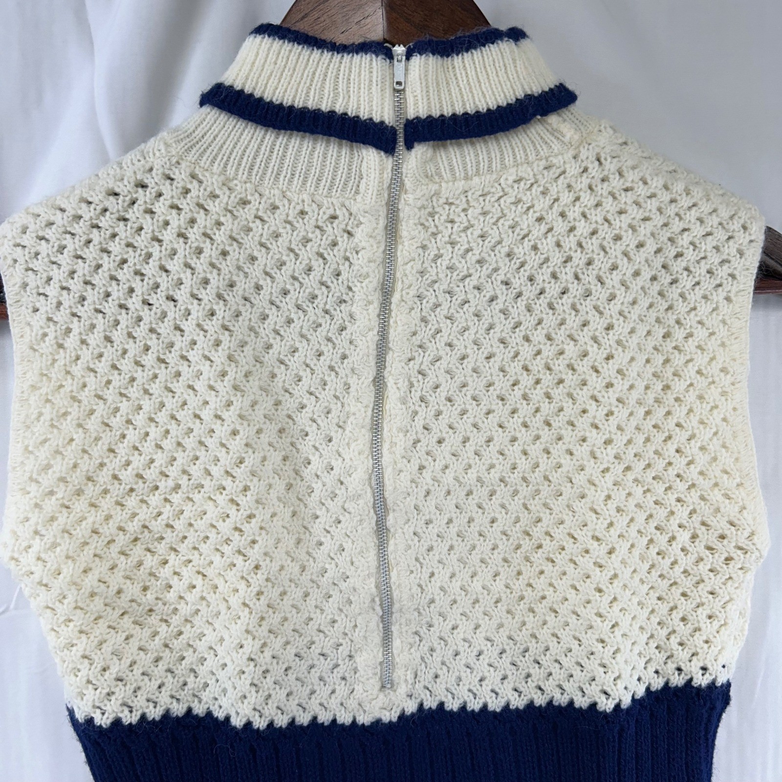 Tunic Women Small Cream Navy Blue Mod Ribbed Waist Mock Neck Zip Back Handmade