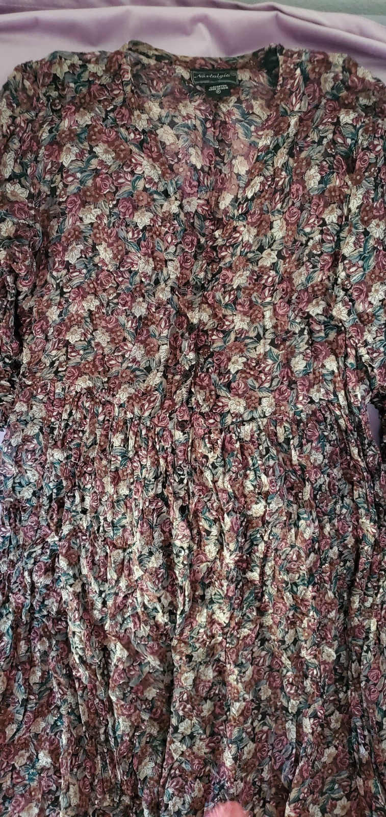 Vintage Nostalgia Dress Floral M Long Sleeve Button-Up Ruffled Semi-Sheer