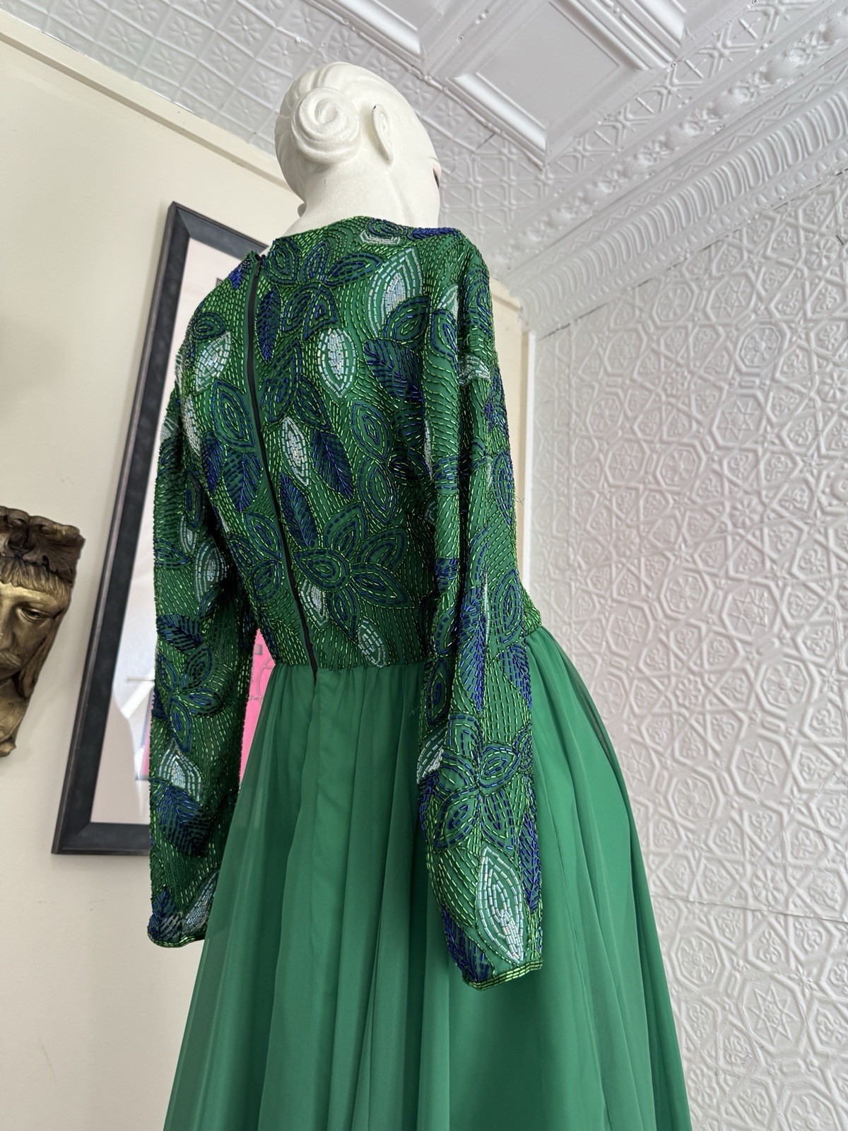 1980s Green Beaded Chiffon Cocktail Dress-Floral-Foliage-Glam-Hollywood-S/M