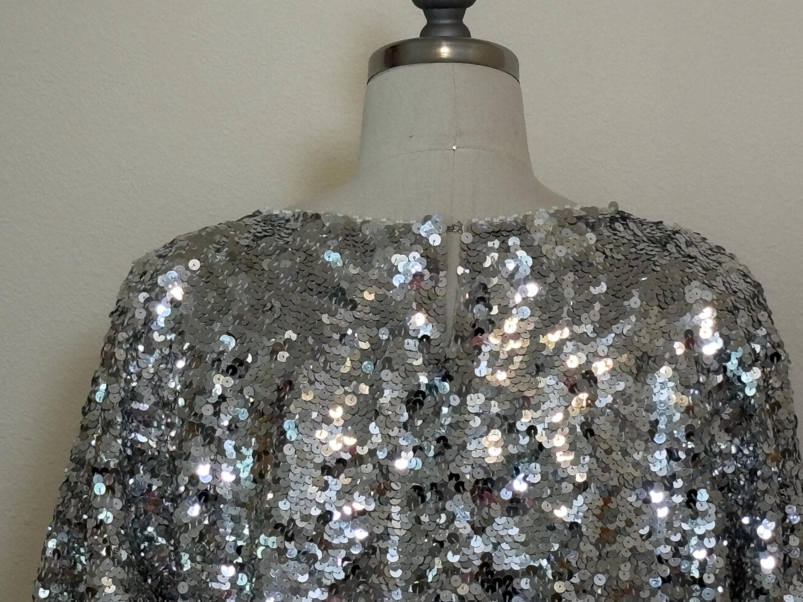 Vintage 80s Beaded Silk Top, White Silver Sequin Disco Tee, Sparkle Top