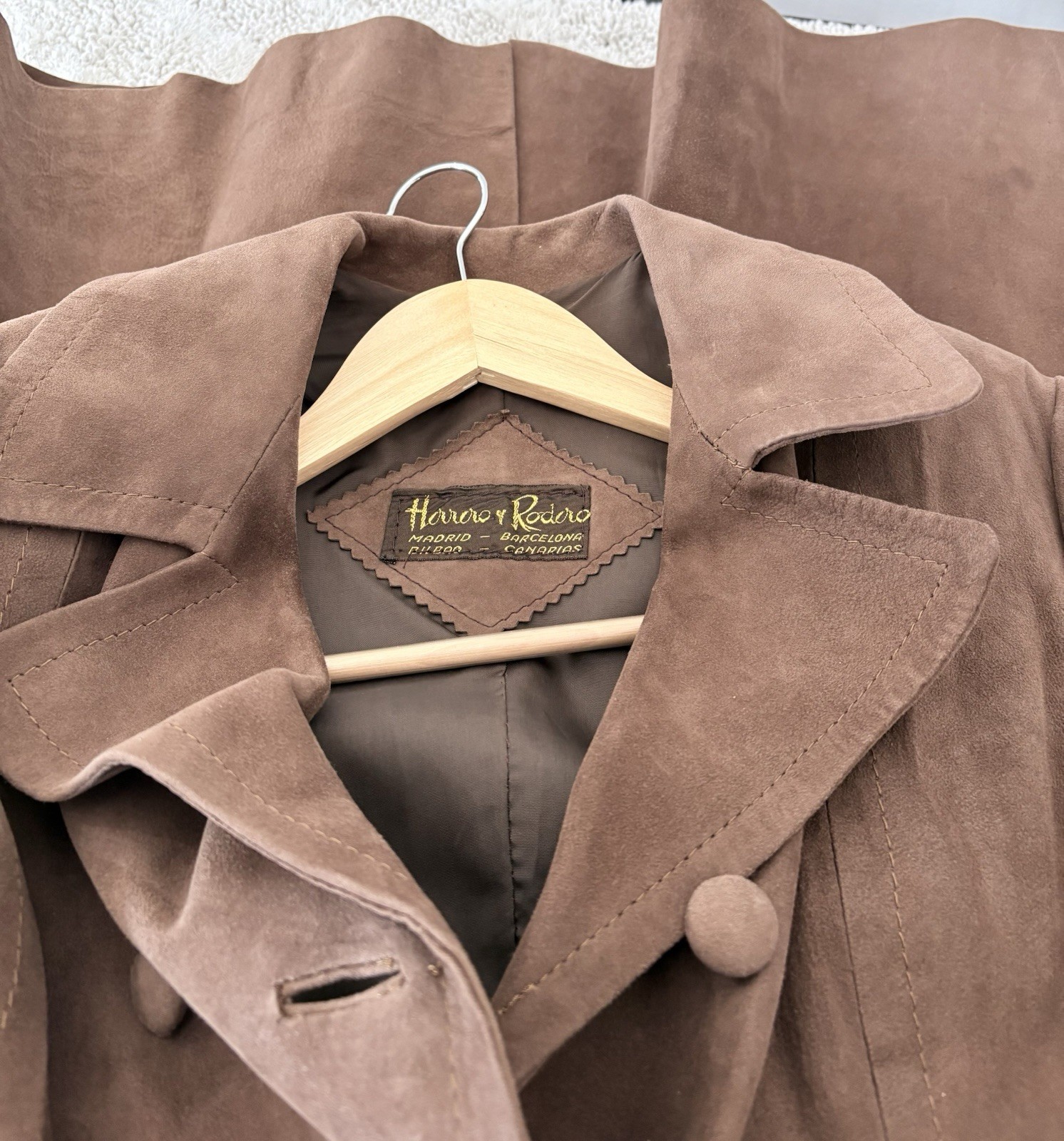 Vintage HERRERO Y RODERO Suede Leather Long Coat Button Sz L 60s 70s Barcelona