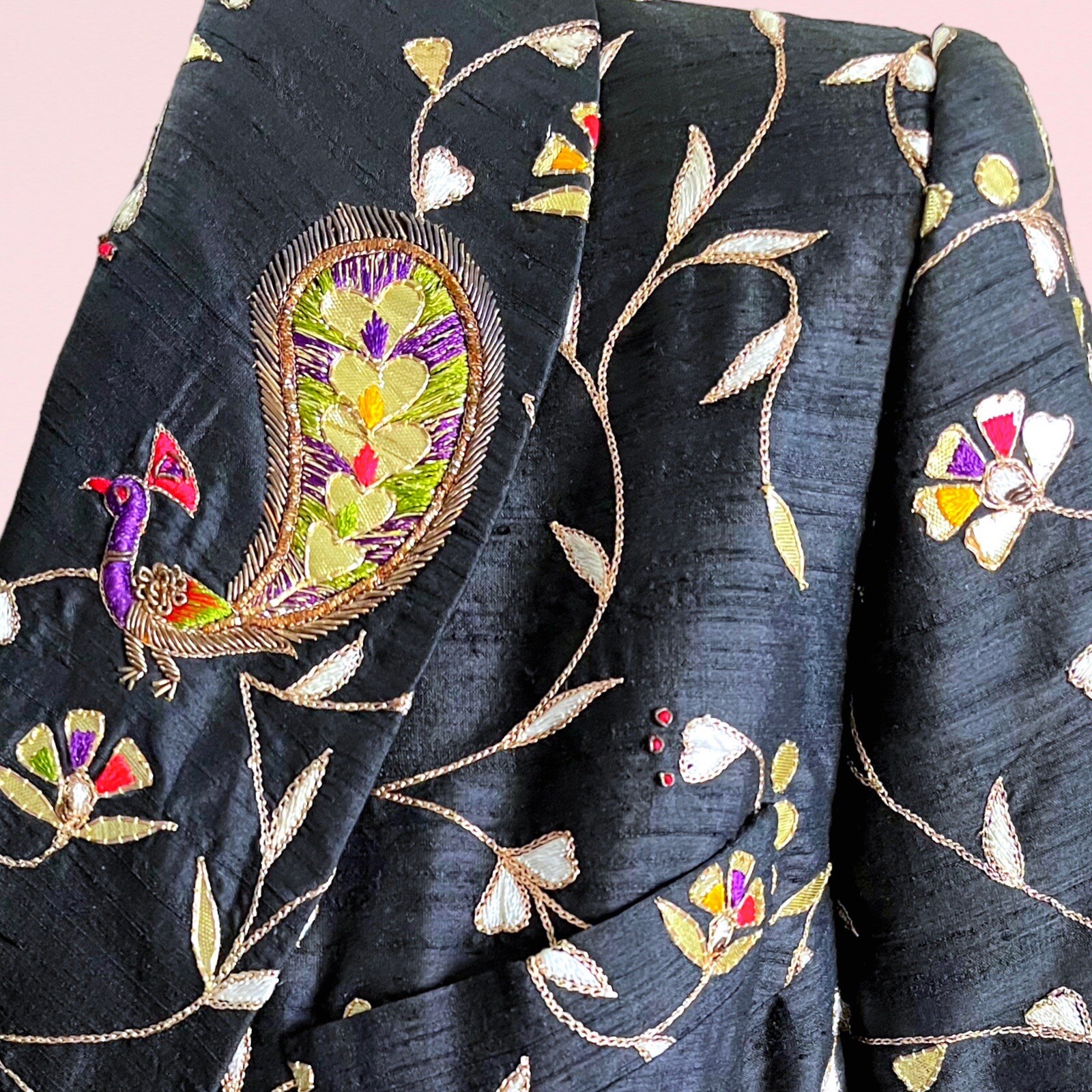 1980s Vtg Indian Sequin Silk Metallic Peacock Zardozi Evening Tuxedo Jacket L