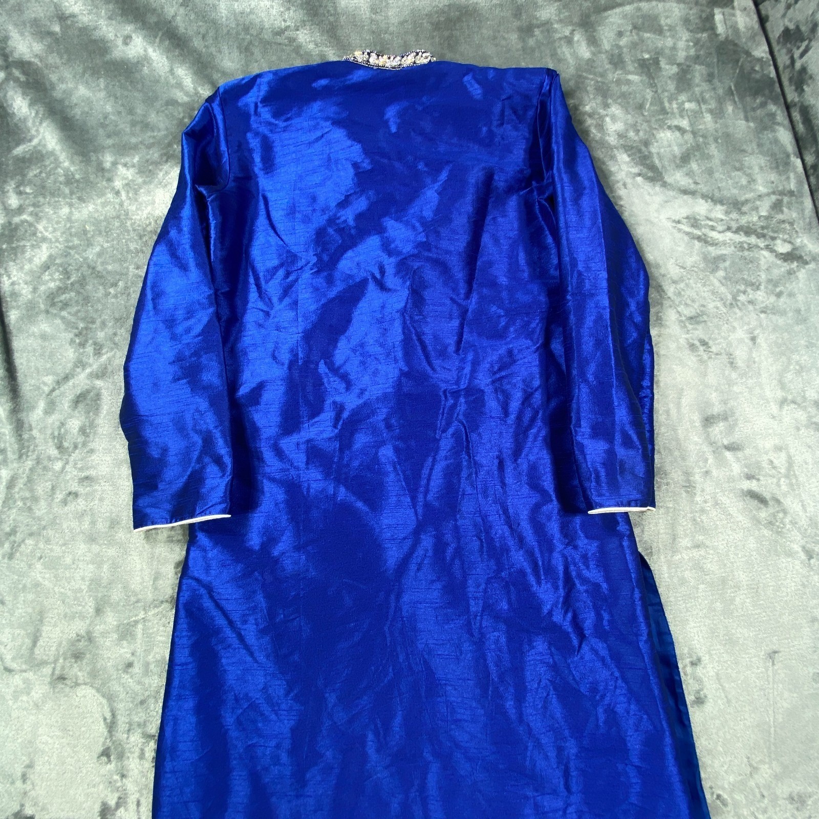 Vintage Royal Blue Embroidered Kaftan Dress Women L Formal Studded Regal Pockets