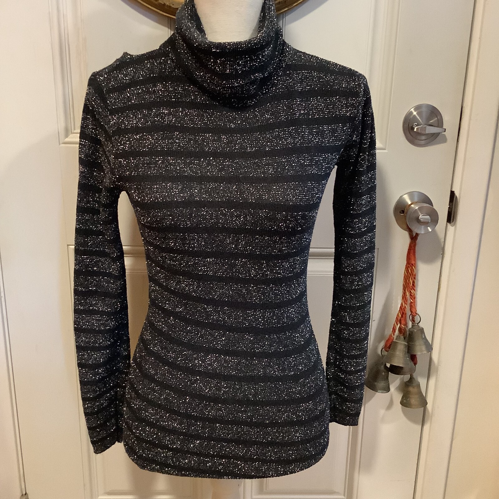 Kenneth Knits thin metallic sliver black turtleneck women’s sweater size S/M