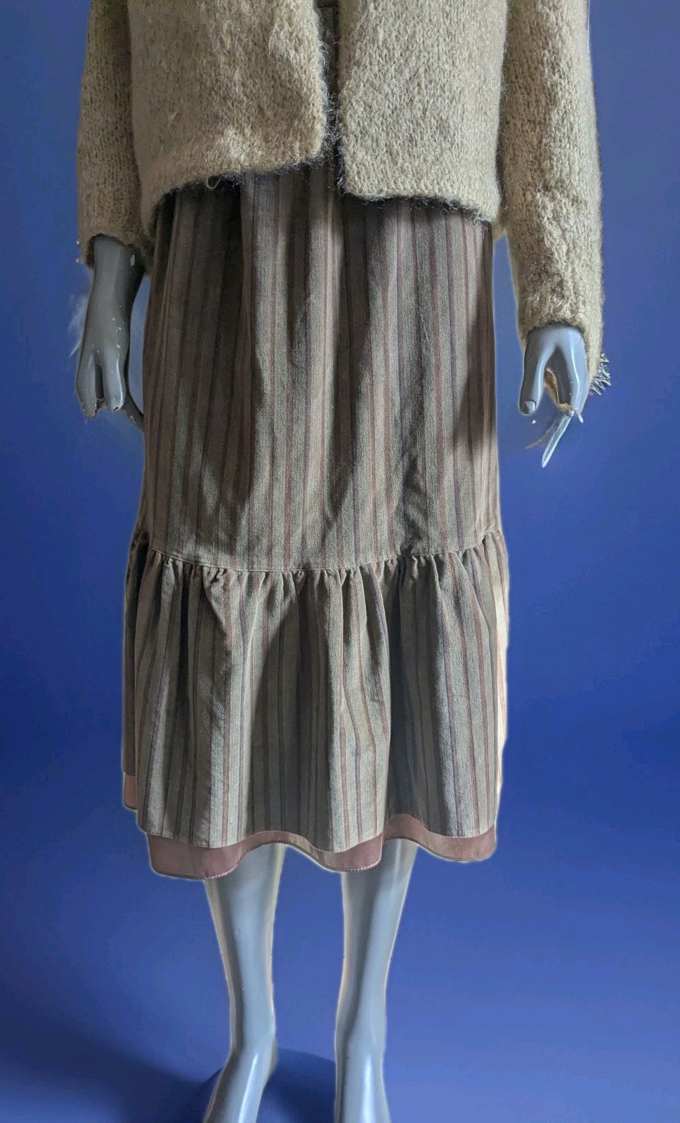 Vintage 1970s The Strawberry Plant Striped Velvet Midi Skirt w/Ruffled Hem XS