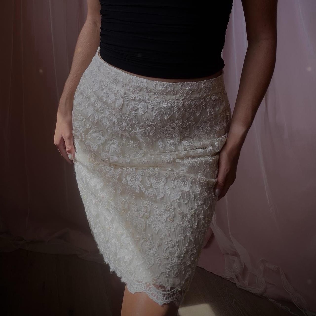 1980s Edwardian Revival Embroidered net lace skirt