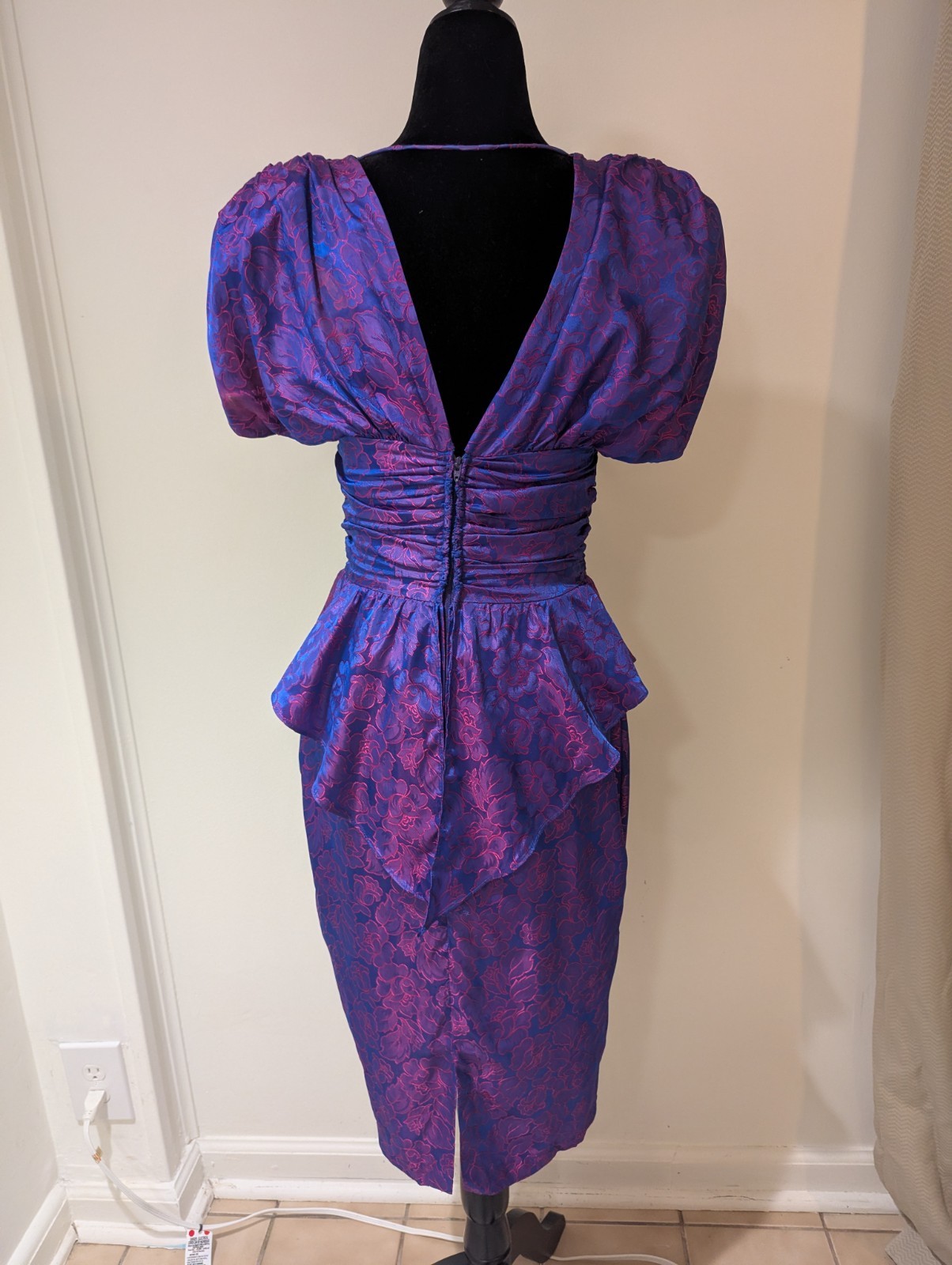 Vintage 1980s 1990s Steppin Out Pink Purple Blue Floral Brocade Dress XS Peplum