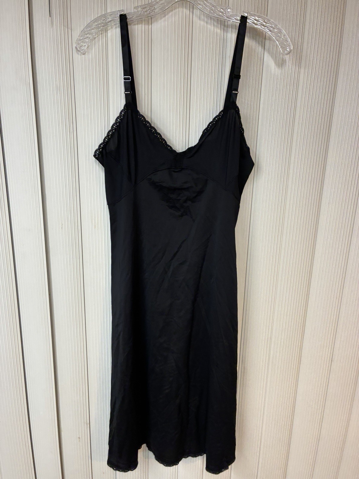 Vintage Shadow Line , Women Nylon Slip,Size 36 Tall, Black,Made In USA,Lace Trim