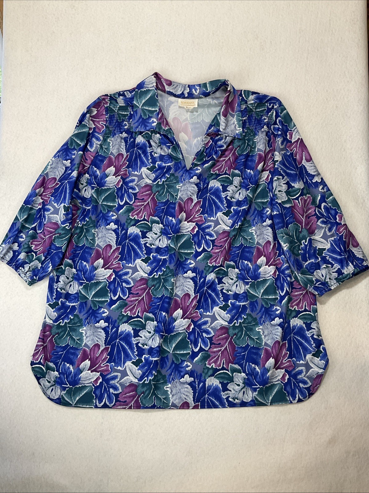 Vintage Roaman’s 3/4 Sleeve Smocked V Neck Blouse Golden Girls Grandmacore 2XL