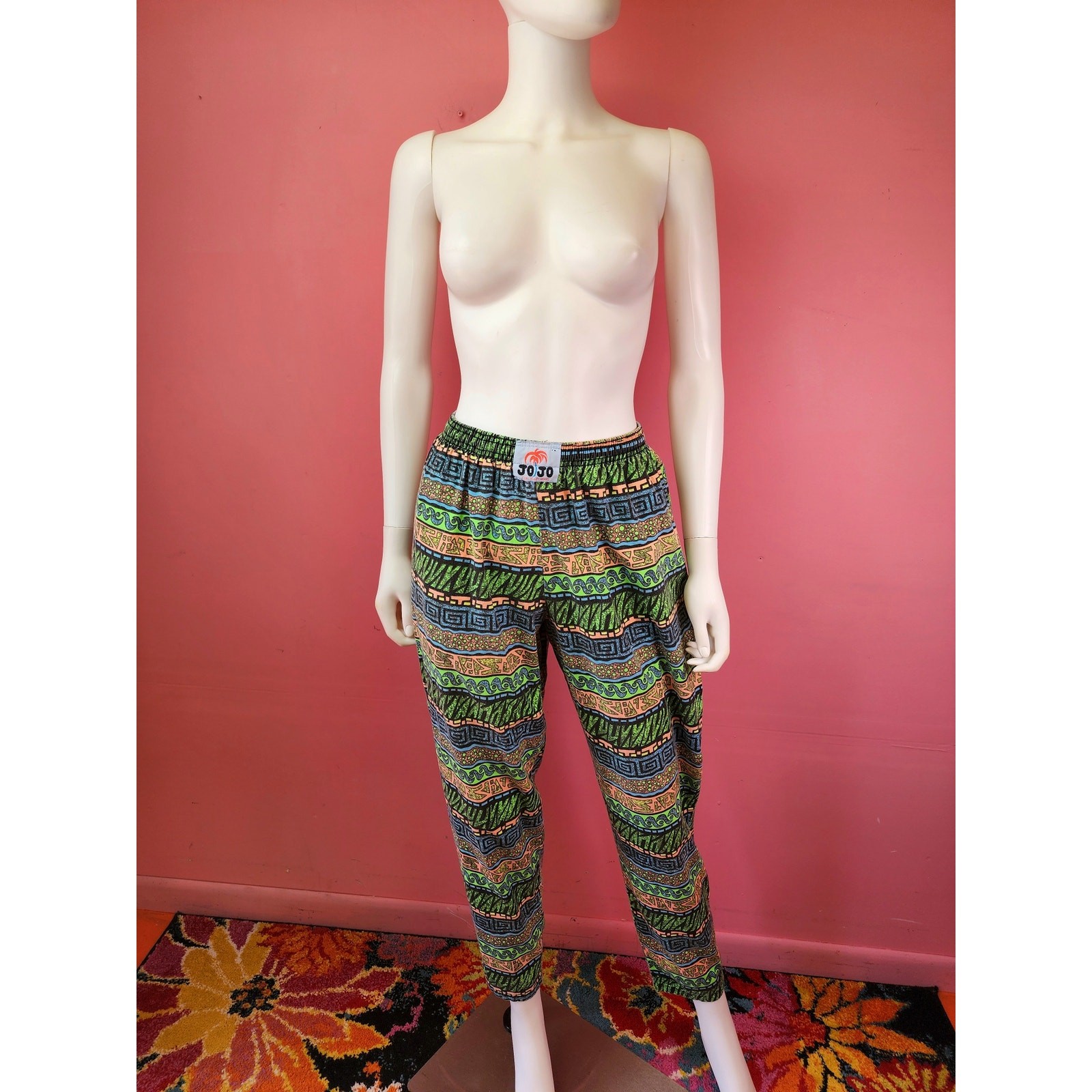 Vintage 1980’s/1990’s JoJo Green Pink Abstract Surfer Muscle Parachute Pants