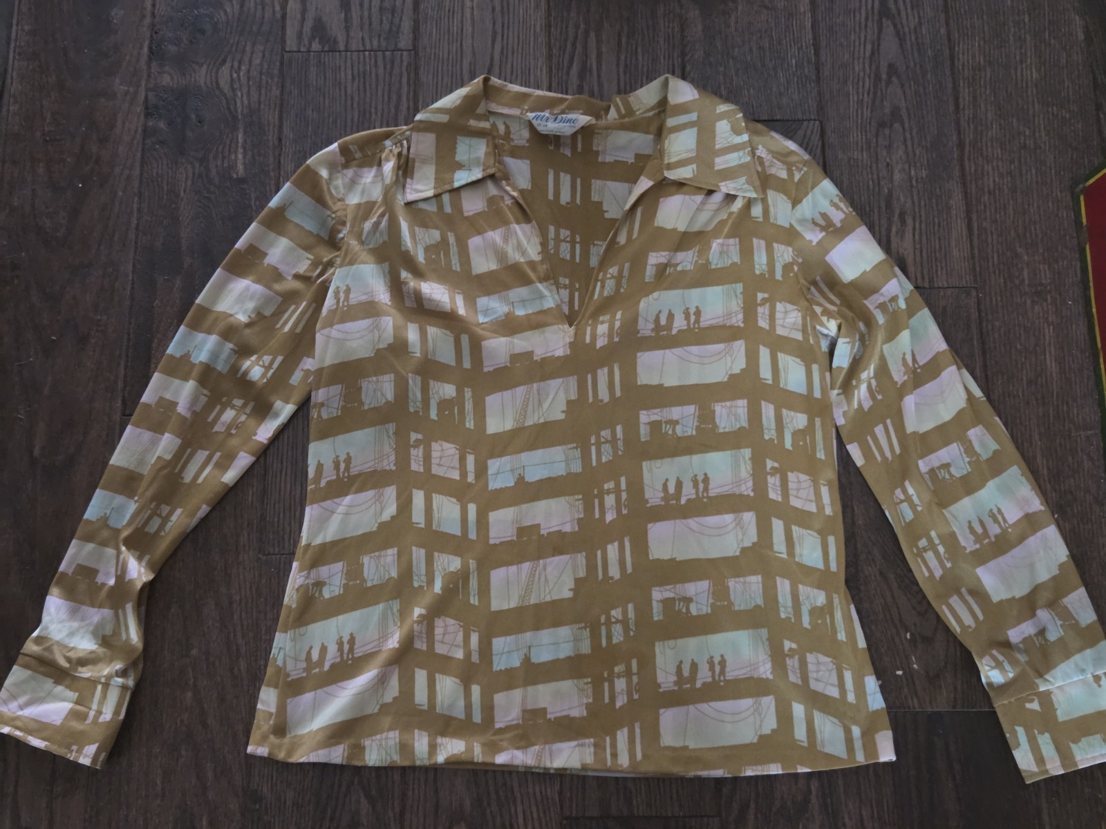 Vintage Mr. Dino New York Blouse 70s Construction Site Novelty Print Disco Shirt
