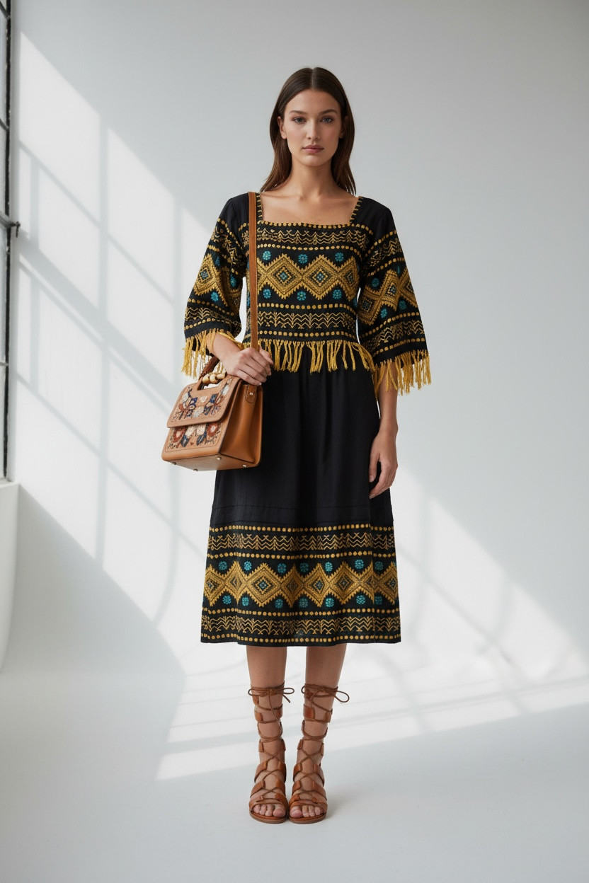 Dress M Vtg 70s Cotton EMBROIDERED FLORAL FRINGE Ethnic BOHO Mexican MIDI OOAK