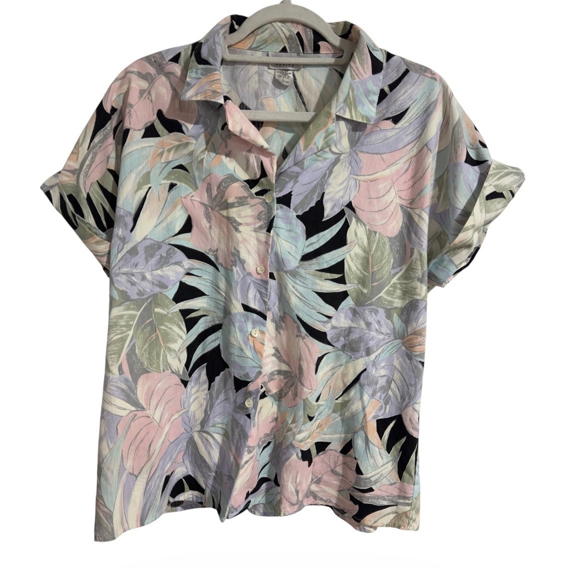 Giovelli Petite Vintage Tropical Leaf Button Down Shirt Pastel Floral Large USA