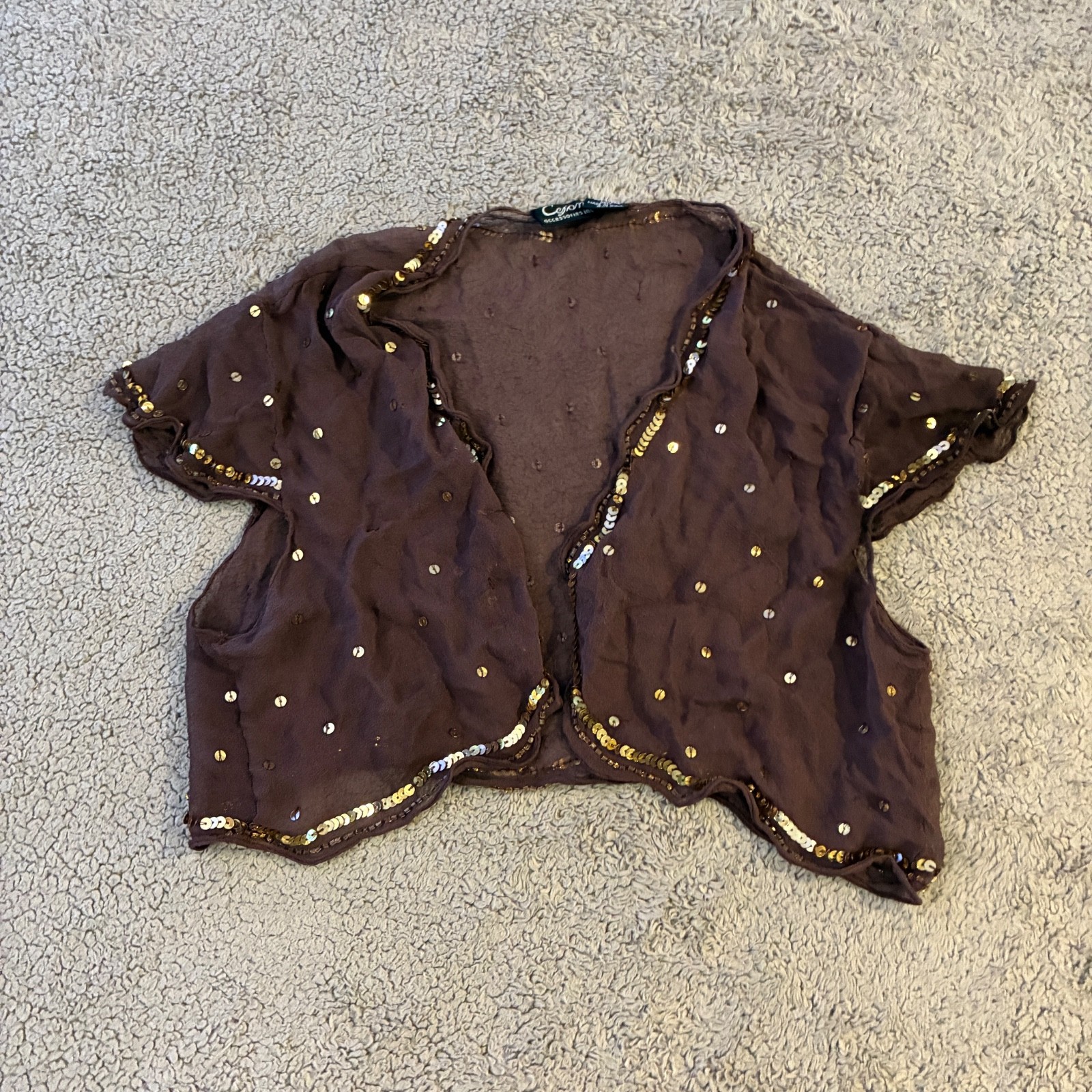 Cejon Brown Sequin Sheer Bolero Shrug Mesh Silk Chiffon Cropped Vintage Y2K S M