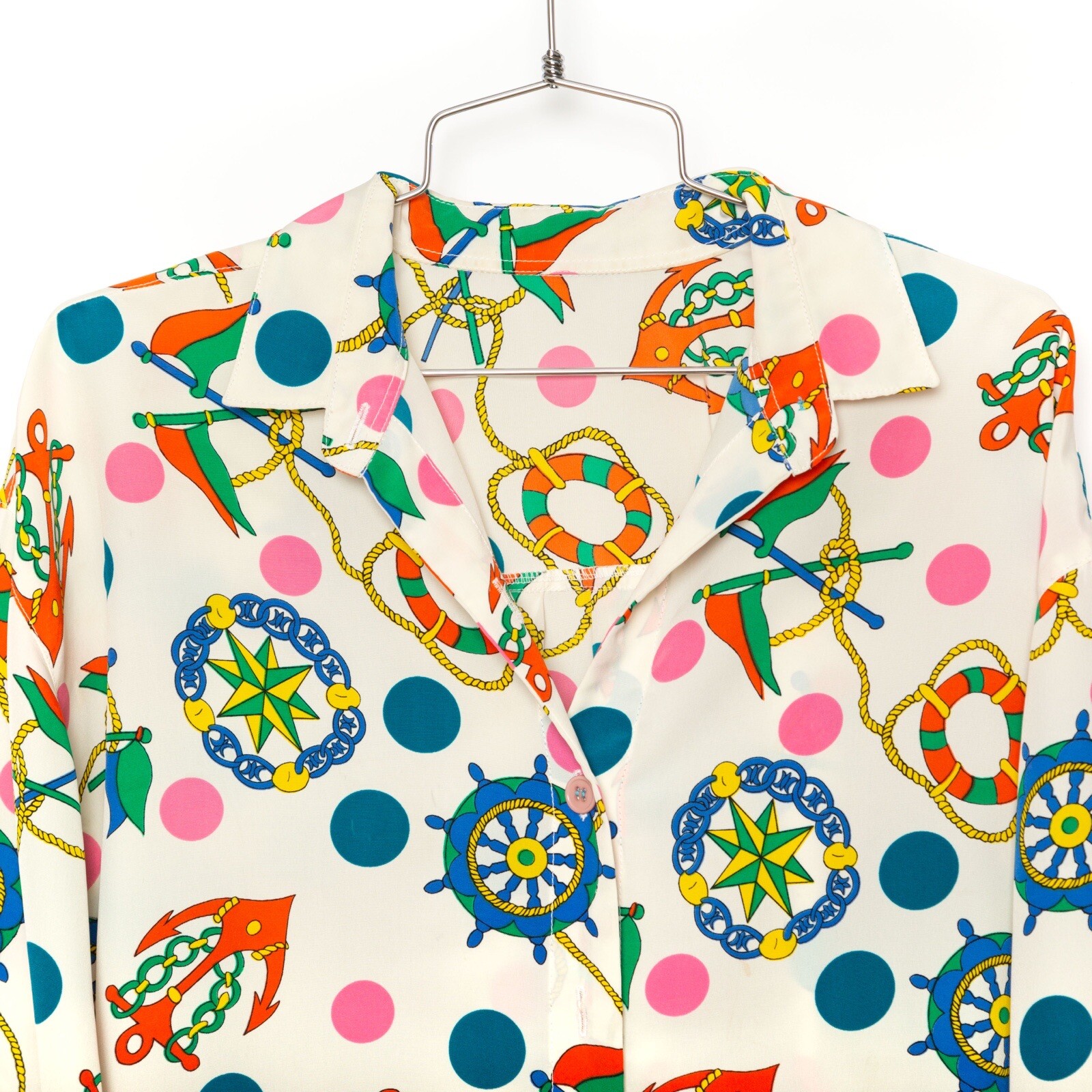 Vintage Nautical Anchor Print Blouse Multicolor Polka Dots, Approx. S M
