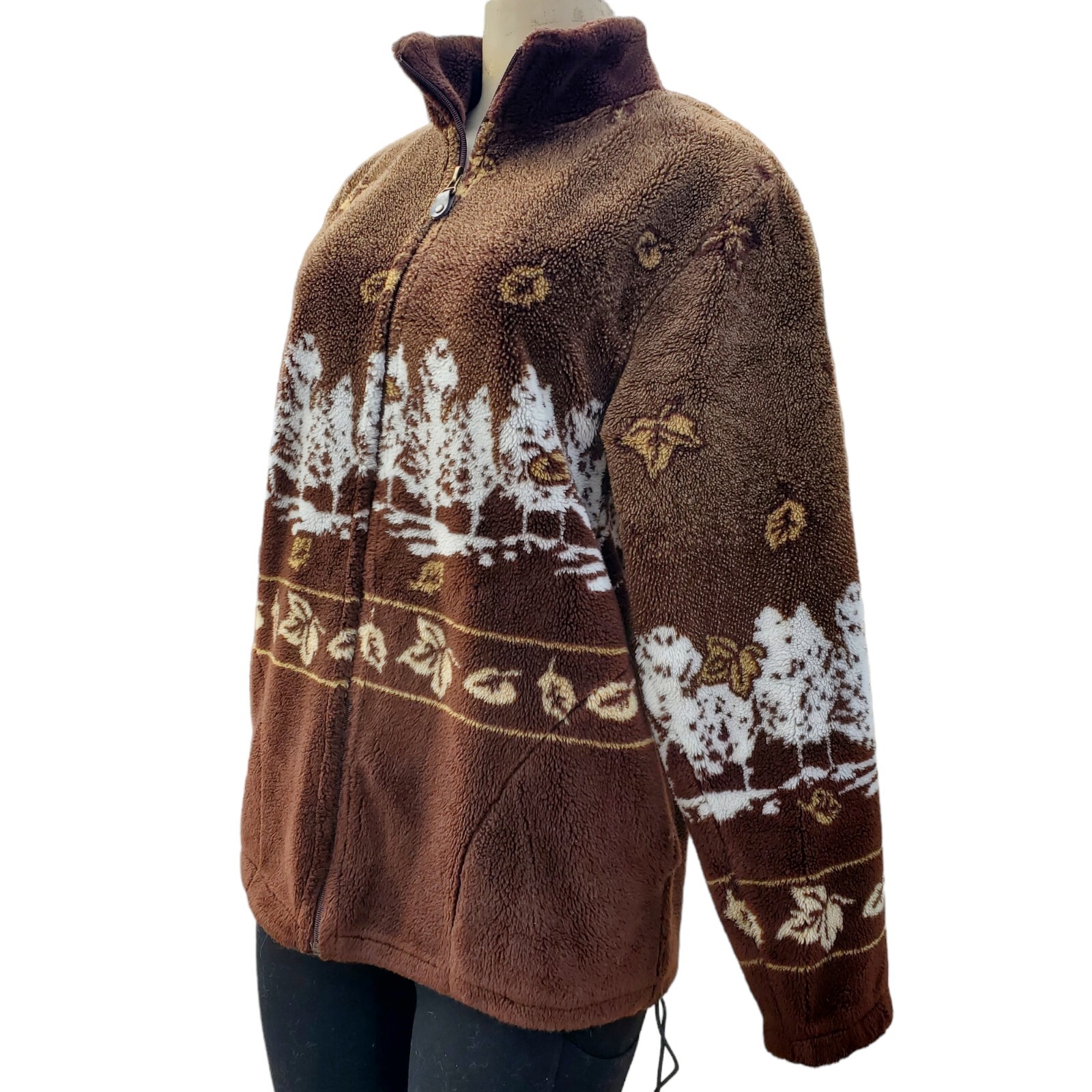 VTG 90s ART UNLIMITED Fleece Jacket AOP Autumn Graphic Brown Full-Zip Adult S