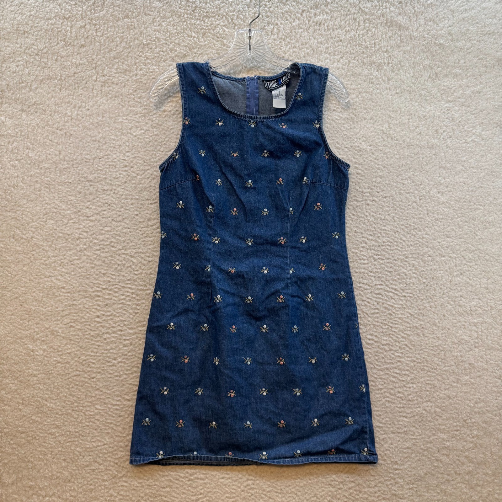Vintage Mini Dress 6 Medium Shift Sheath Chambray Denim Ditsy Floral Cottagecore