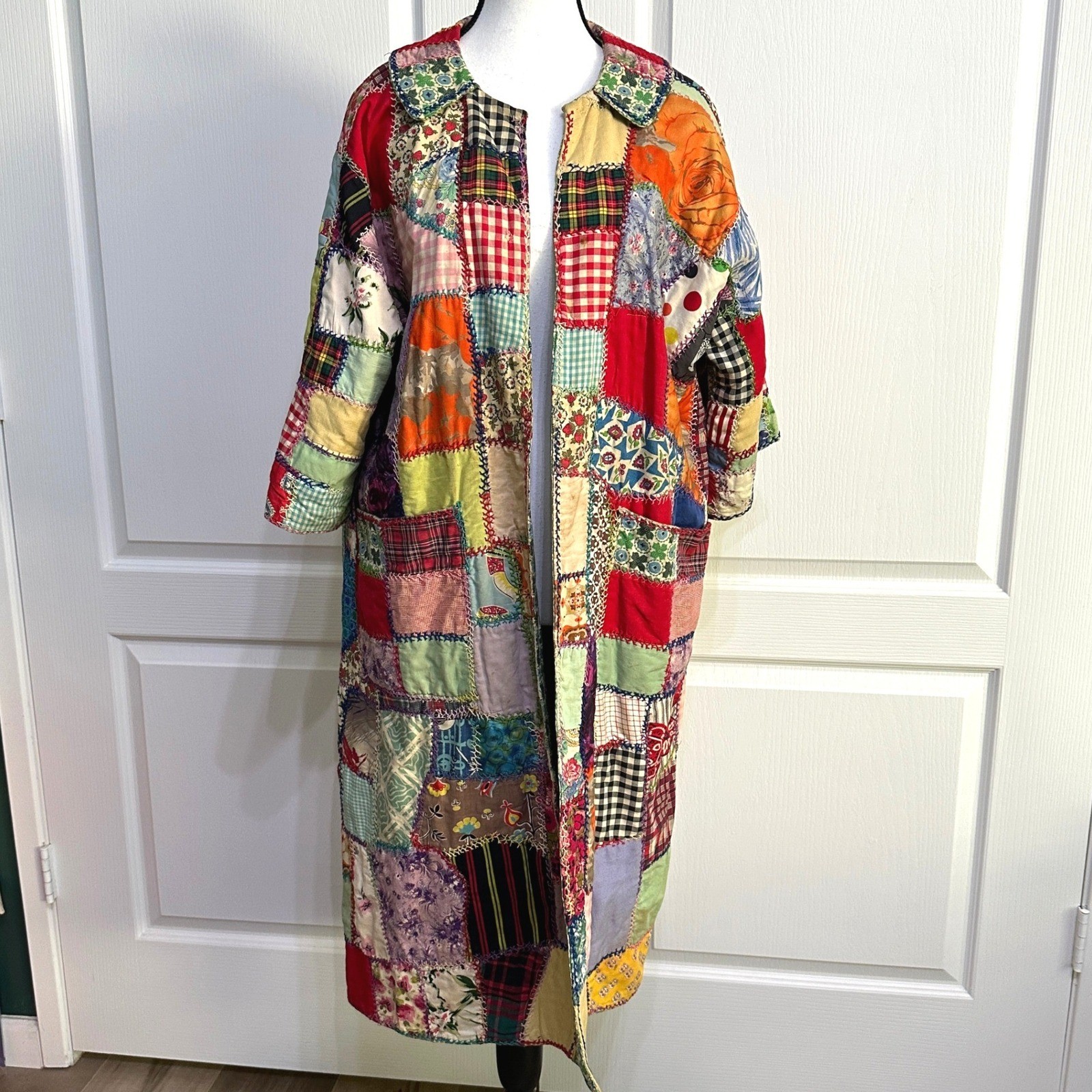 Vintage Handmade Patchwork Quilt Duster Coat Kimono L XL Boho Cottagecore Folk