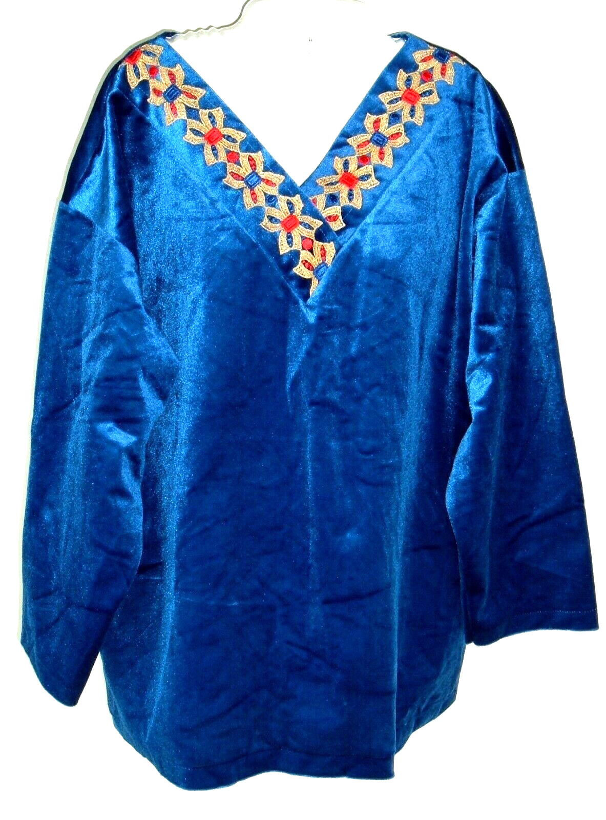 Vtg Top Blue Velveteen popover lounge Holiday festive MONIQUE L Caftan tunic