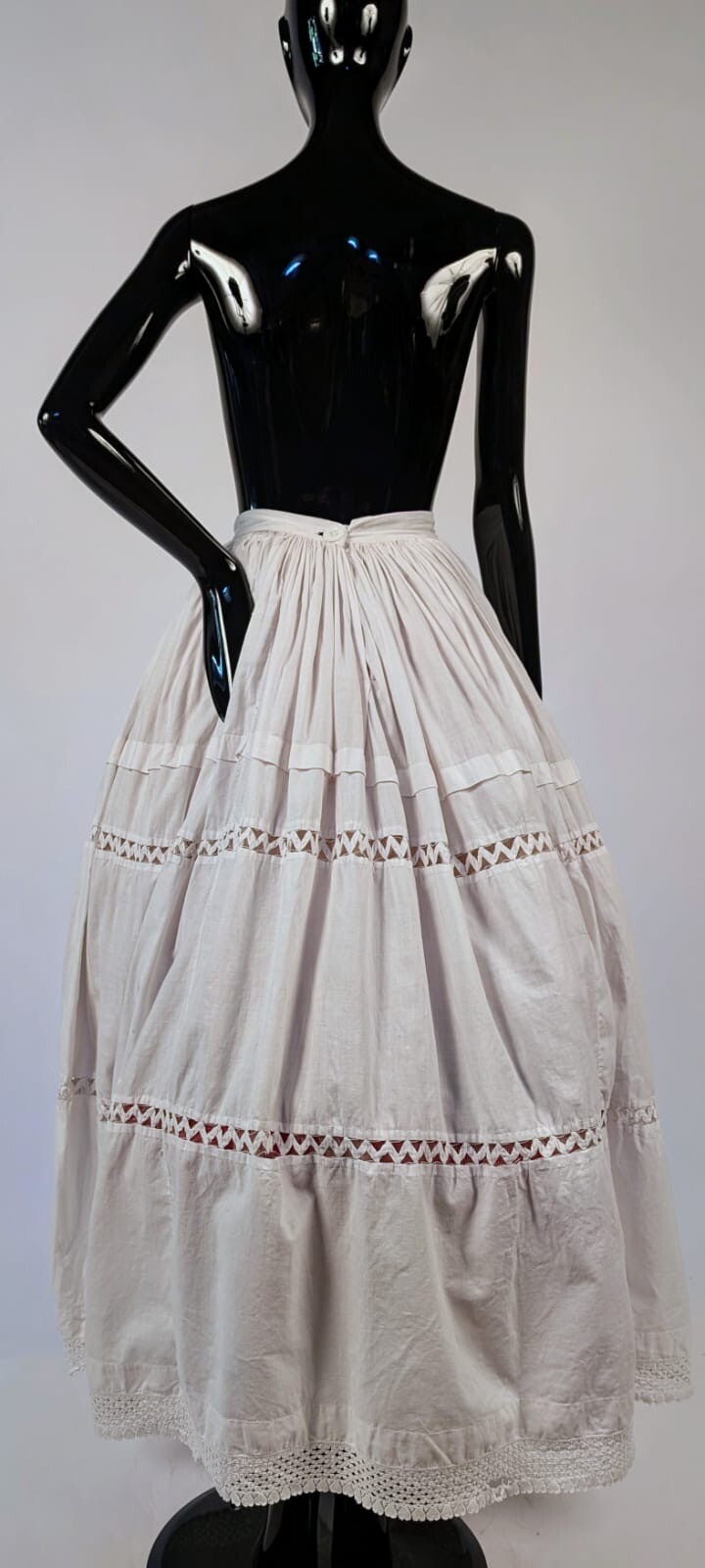 HAND SEWN MID 19TH C WHITE  PETTICOAT SKIRT W SAWTOOTH INSERTION & HEART LACE 