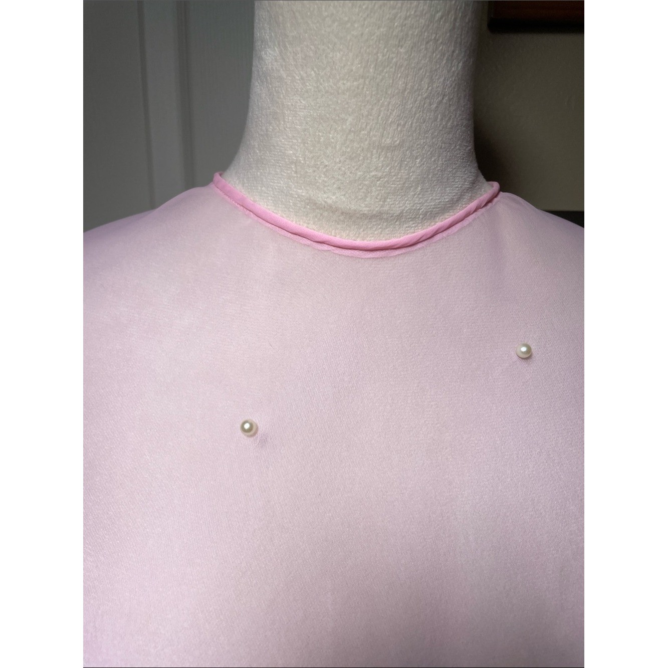 Vintage Pastel Pink Mesh Dress Topper with Pearls Cape Poncho Sheer Embellished