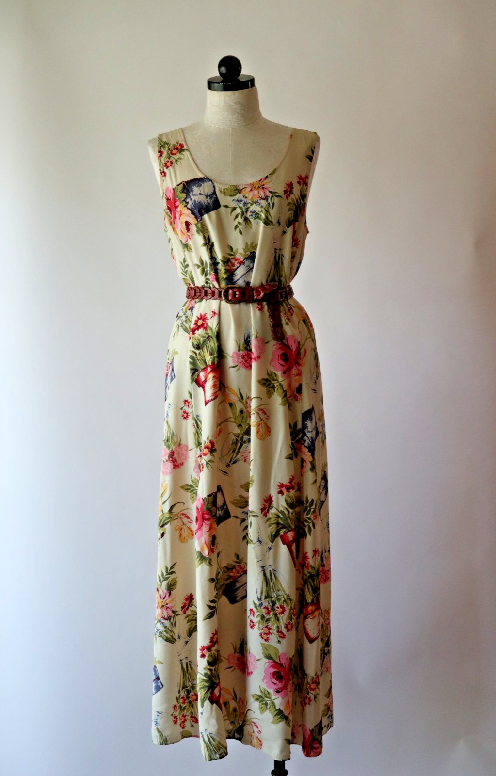 90s Vintage Pastel Garden Plants Pots Sleeveless Long Maxi Sundress Women S M
