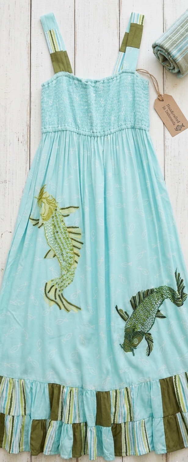 80s Vintage Artisan Sundress By Usindo, Indonesia, M, Green/Blue, Sequin Details