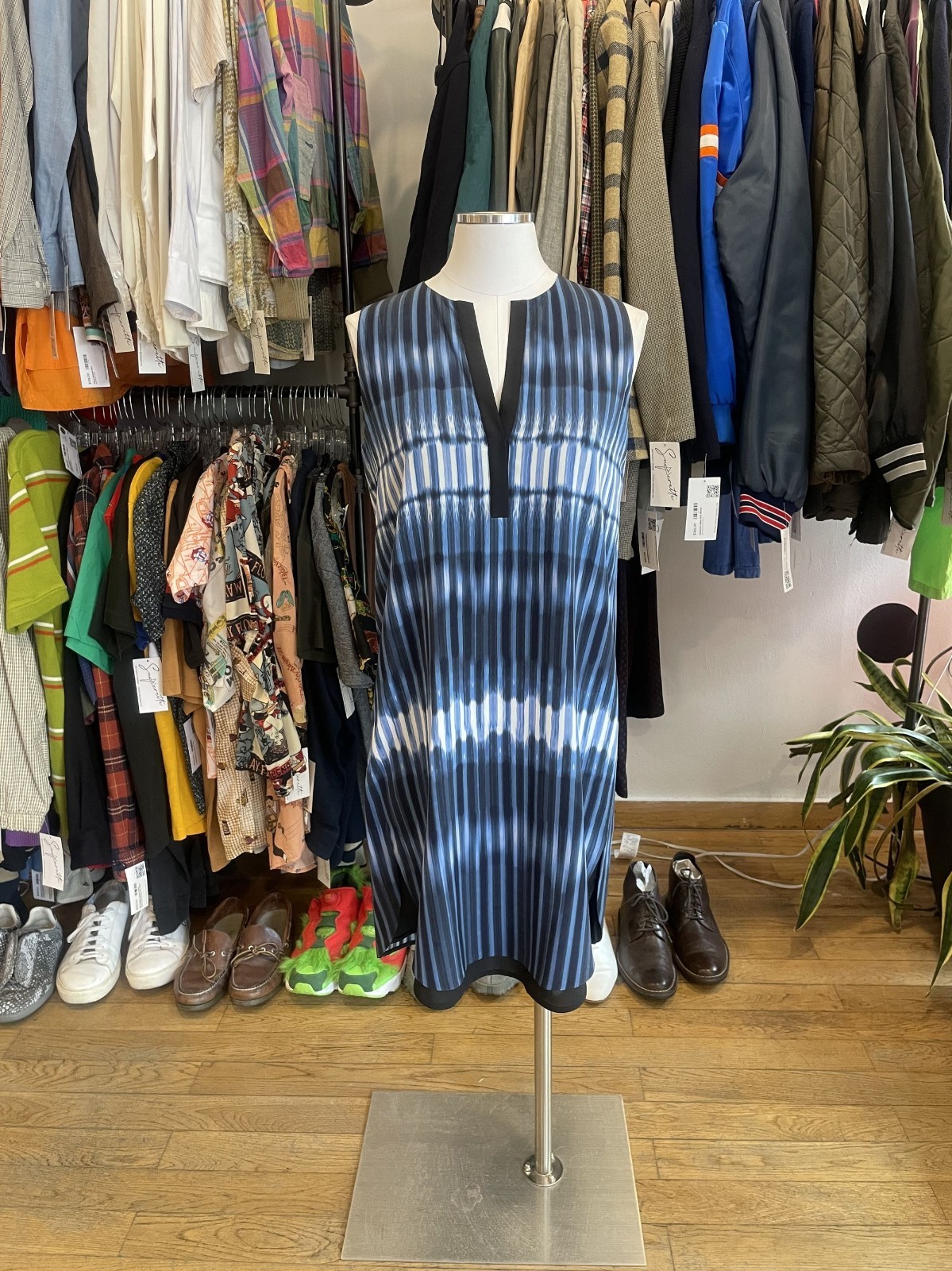 Vince Blue Silky Stripped Sleeveless Dress— Small