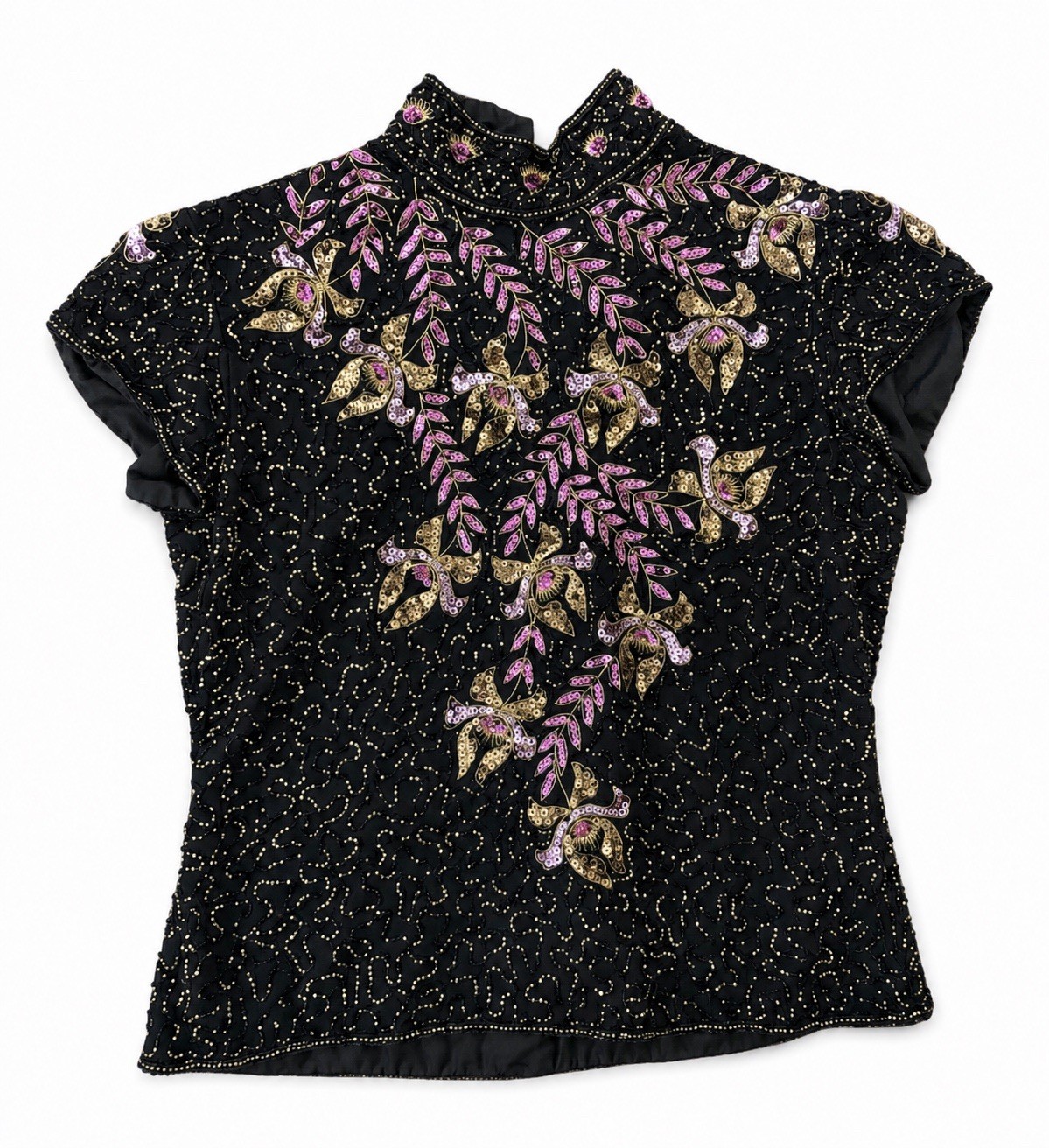 Vintage Joseph Le Bon Asian Style Mandarin Collar SS Beaded Sequin Trophy Top L