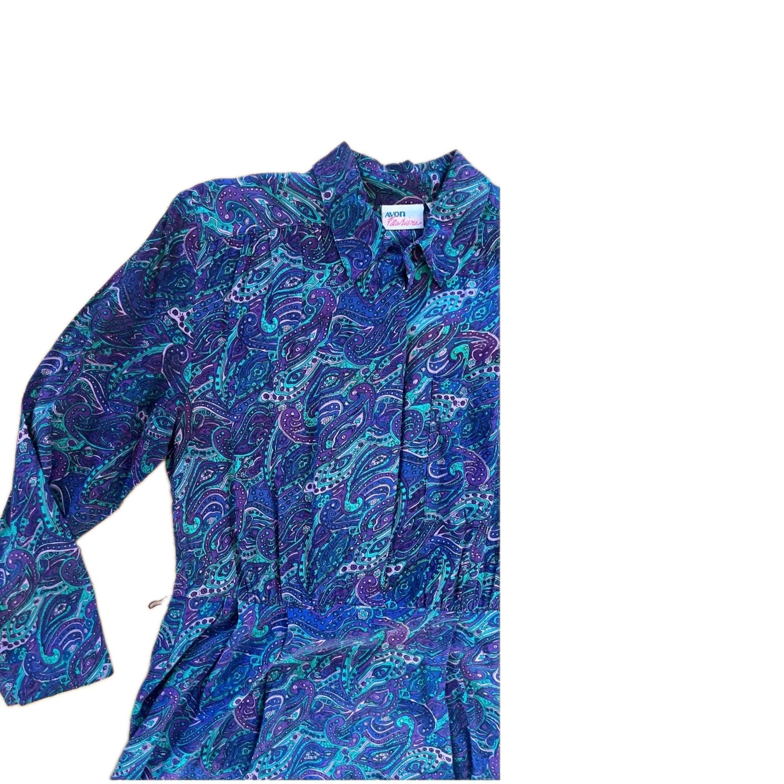 Vtg 80s Avon Fashions Jewel Tone Paisley Shirtwaist Midi Dress Rayon 9/10