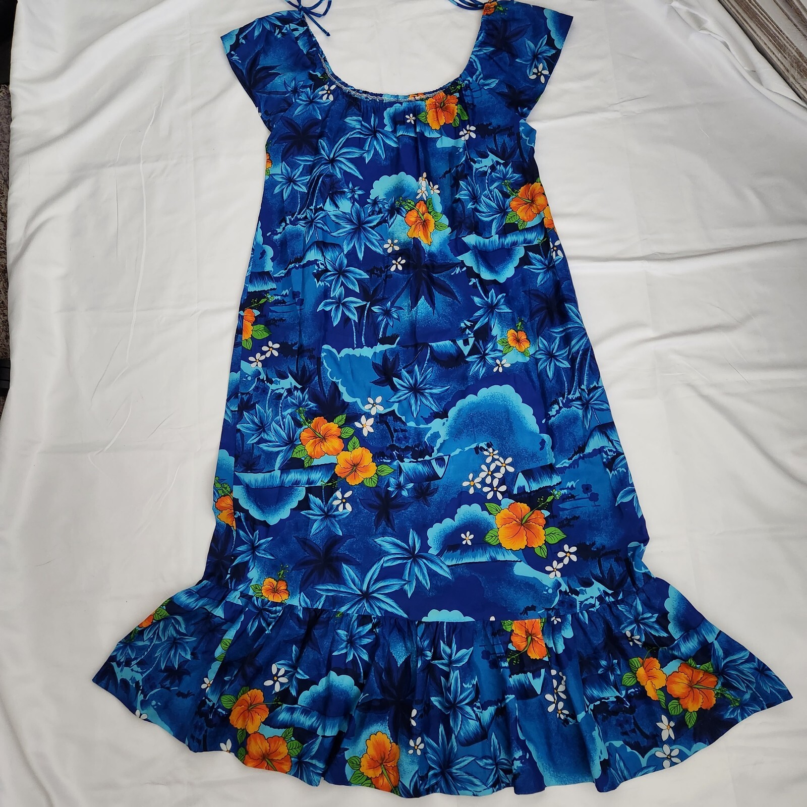 Vintage Royal Hawaiian Dress Floral Women’s 10 Blue Hibiscus Resort Tropical Y2K
