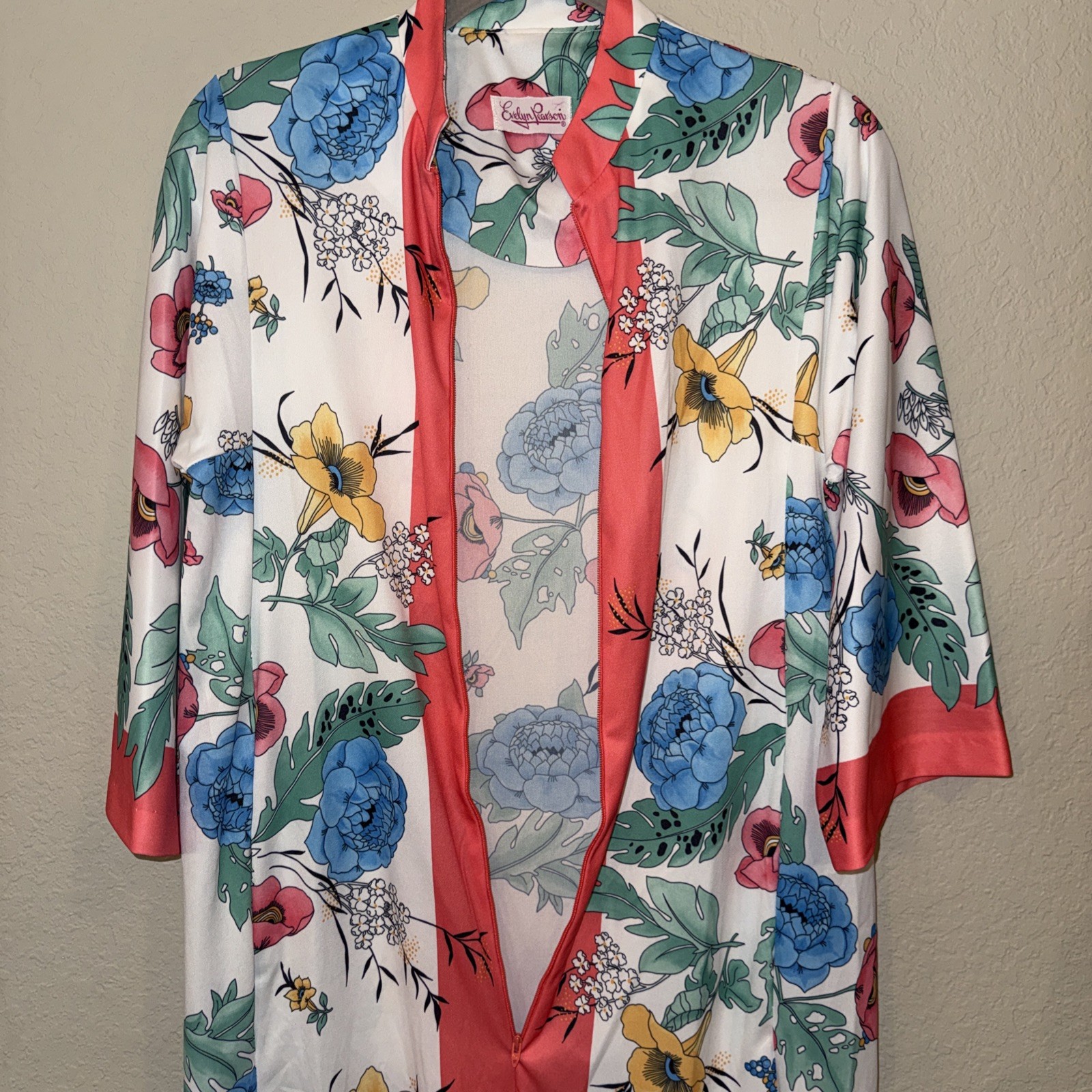 Vintage Evelyn Pearson Go Coat 1/2 Zip Front Lounge Maxi Robe Kimono Floral S/M