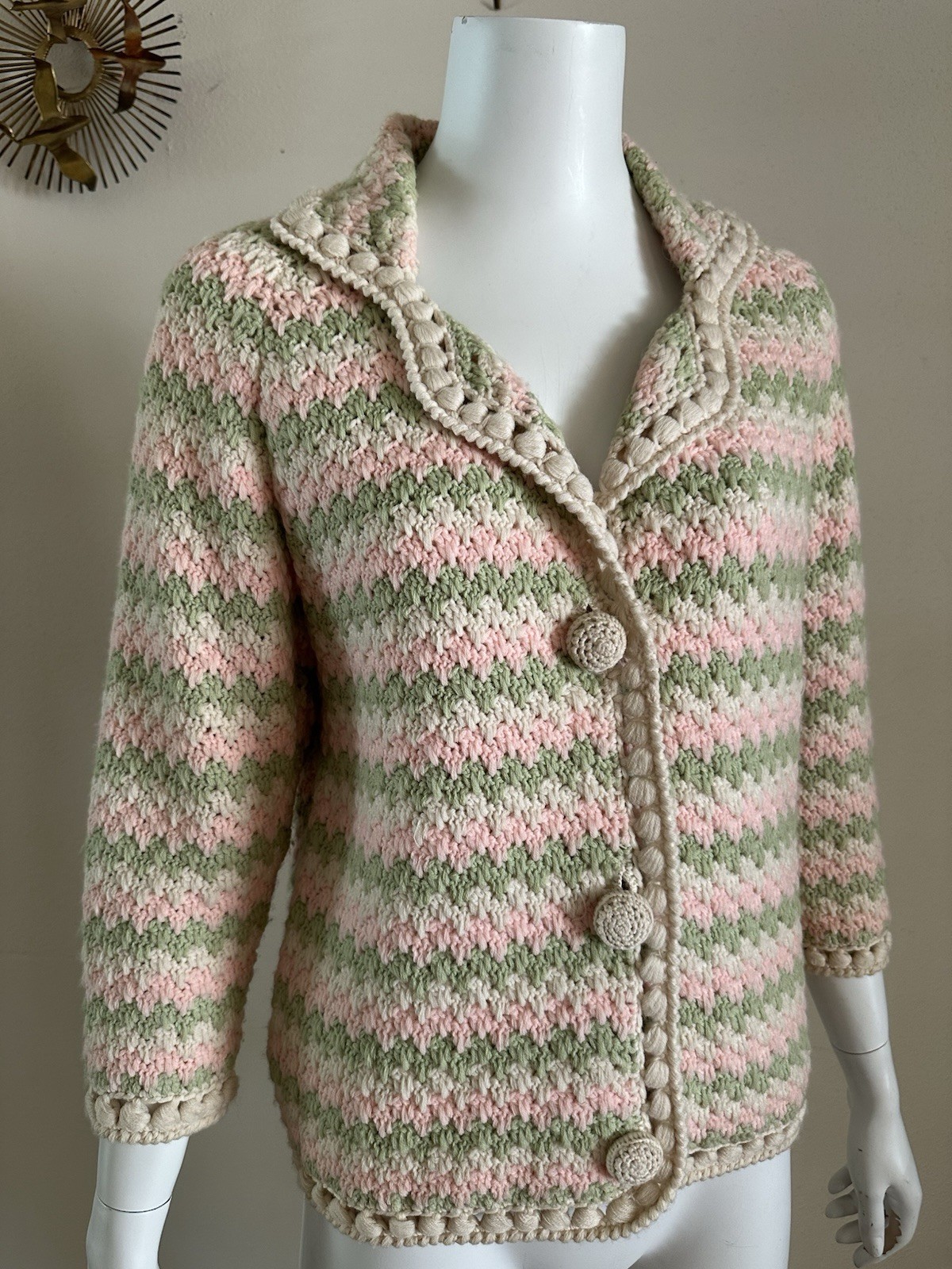 1960s Ilaria Italy Hand Knit Crochet Cardigan Popcorn Stitch Pink Green Sweater