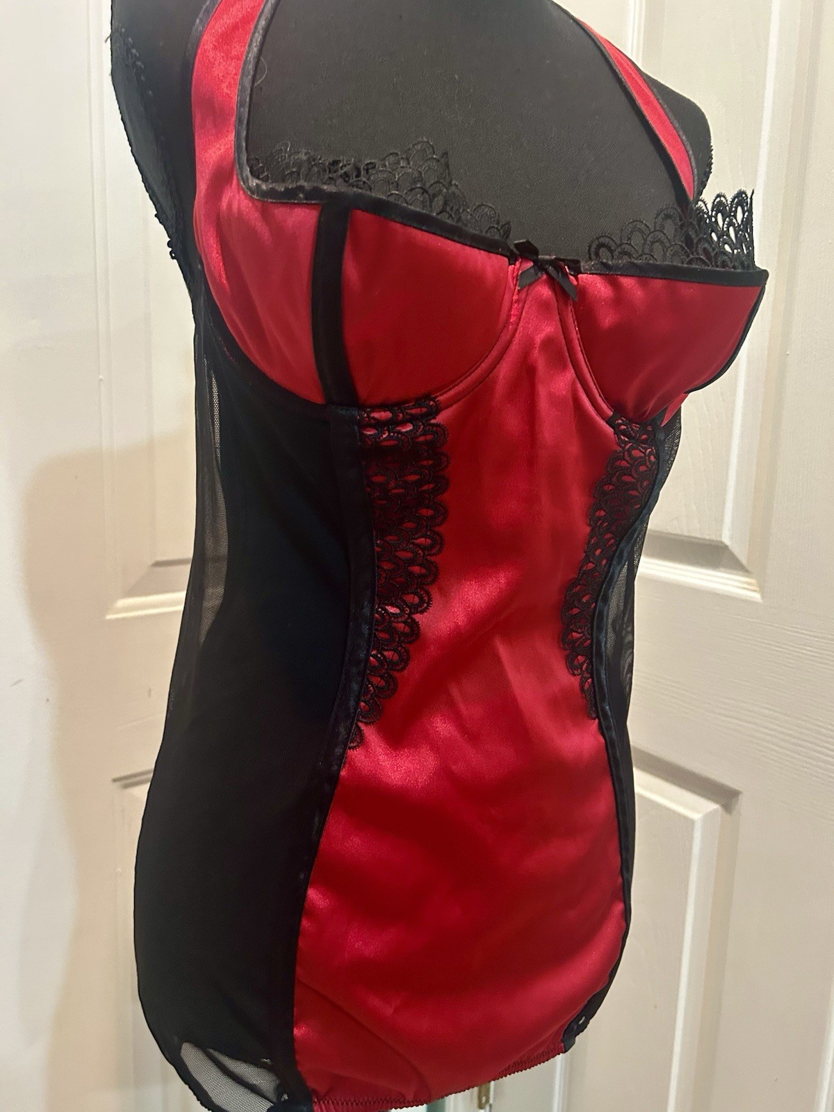 VTG Shirley of Hollywood Red Satin Black Mesh Lace Corset Style Lingerie Dress
