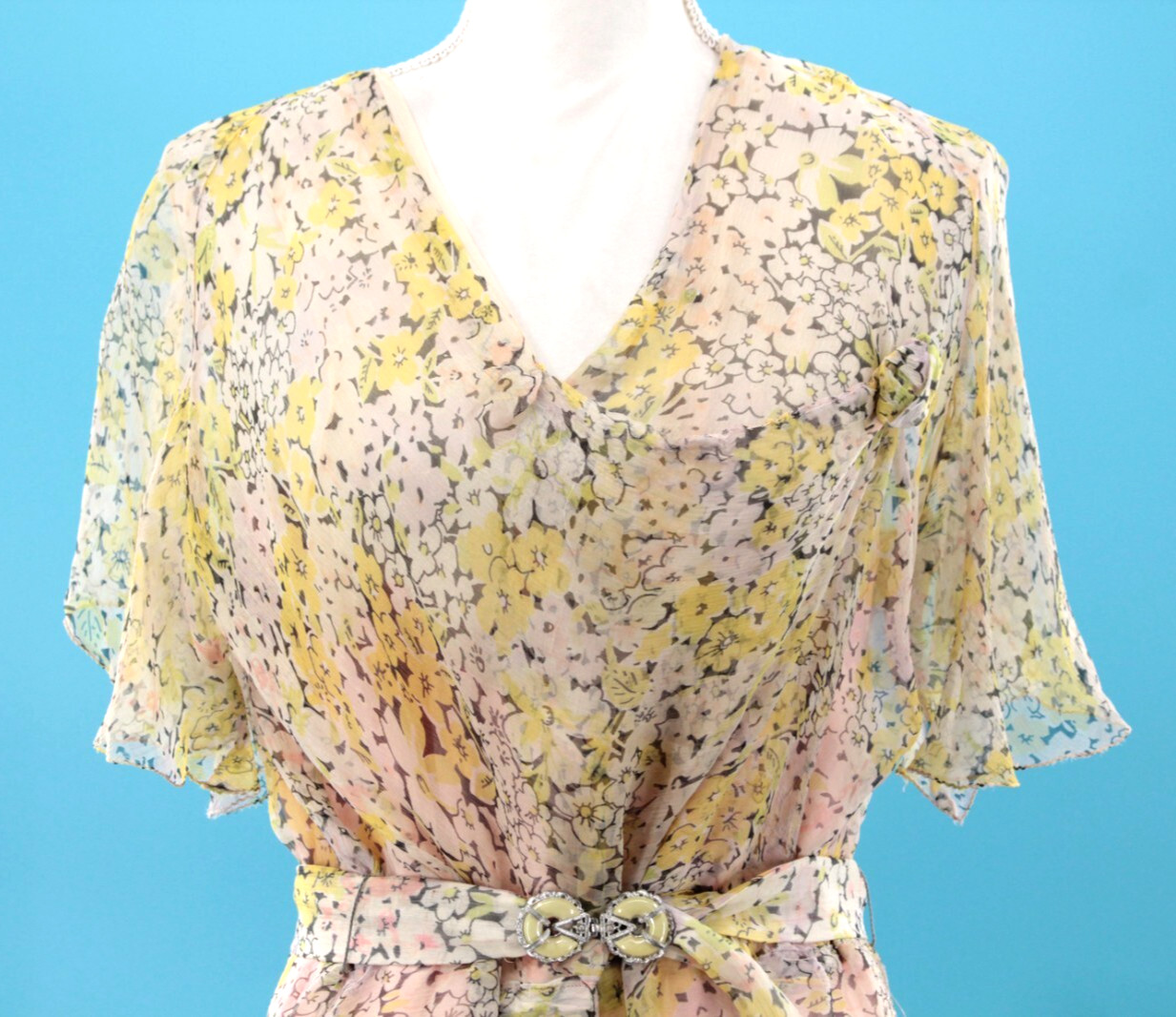 Vtg Women’s 30s Sheer Cream & Yellow Floral Pink Lining Chiffon Dress M/L 1930s