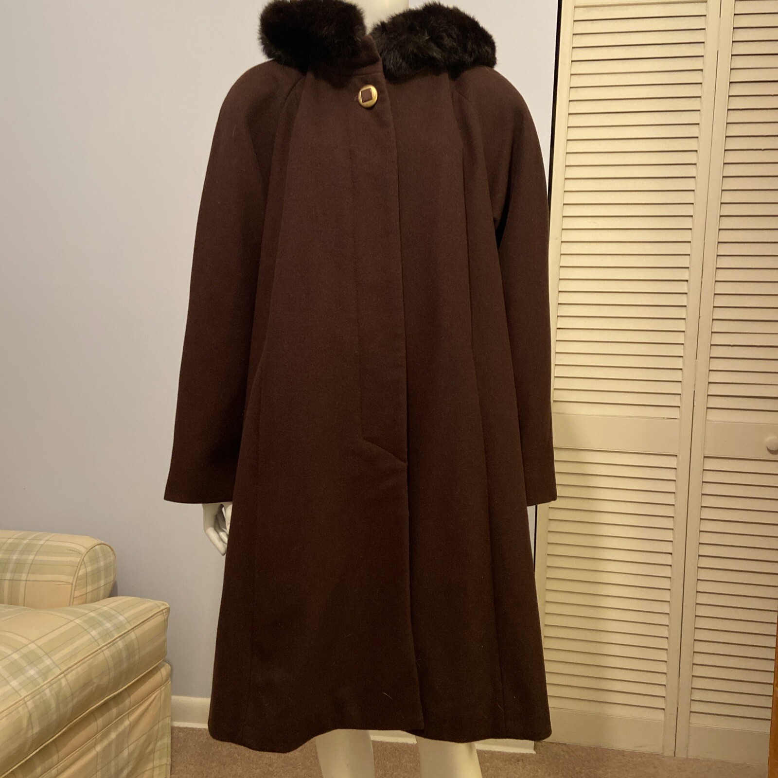 Vintage DONNY BROOK Swing Style Brown Wool Coat Rabbit Fur Trimmed Hood Sz 12