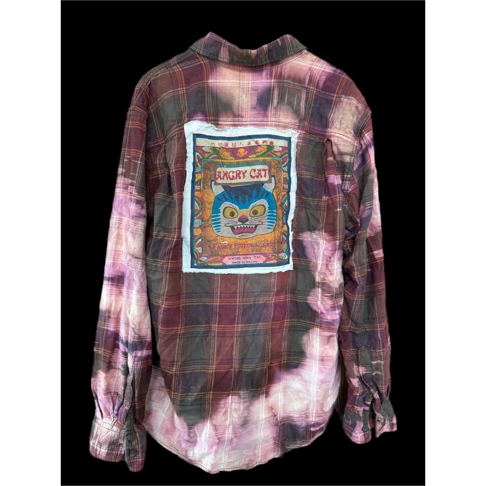Upcycled Flannel Shirt Angry Cat Patch Grunge Art Large