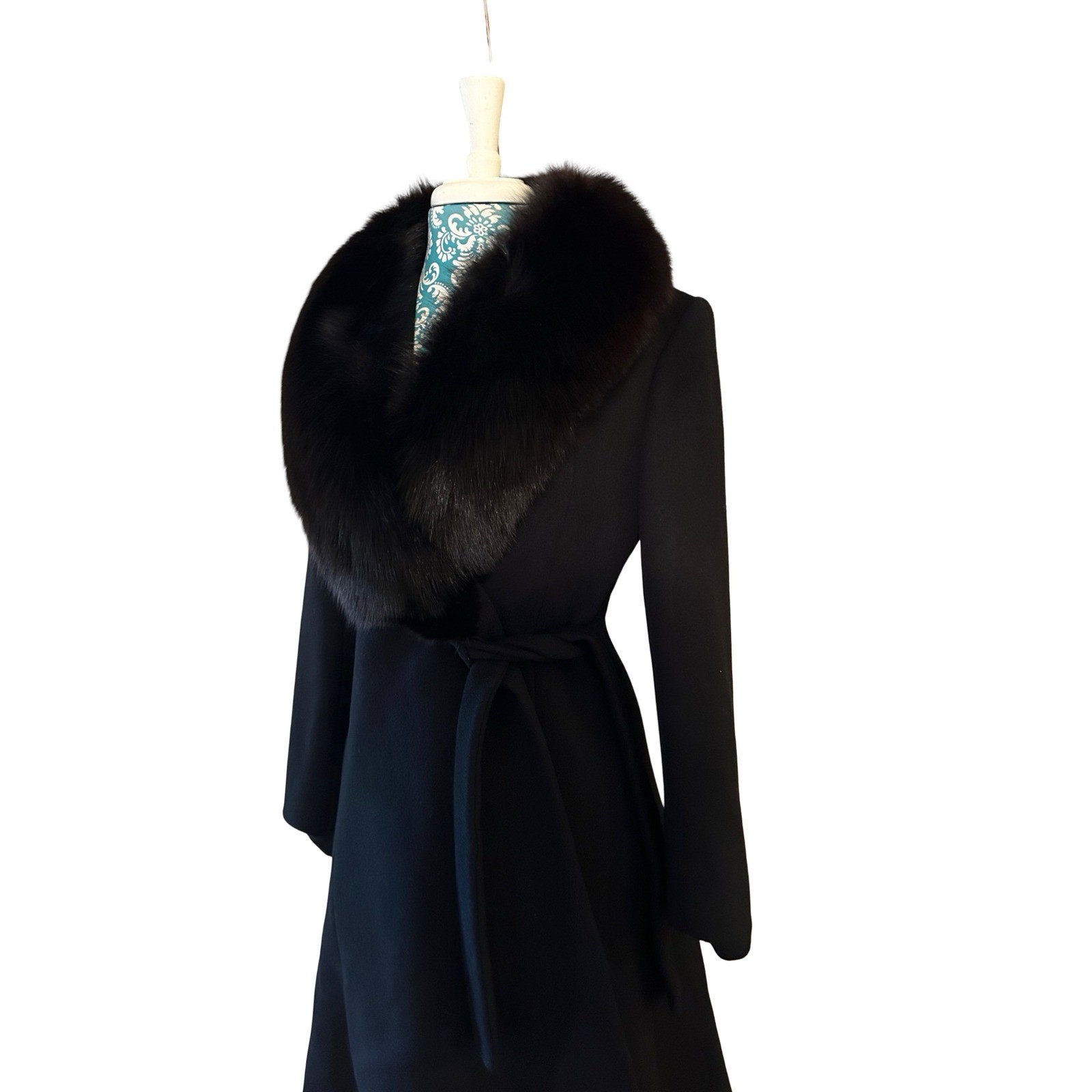 Vtg Fox Fur Black Wool Skirted Coat Pinup Bombshell Soft Girl Old Money Romantic