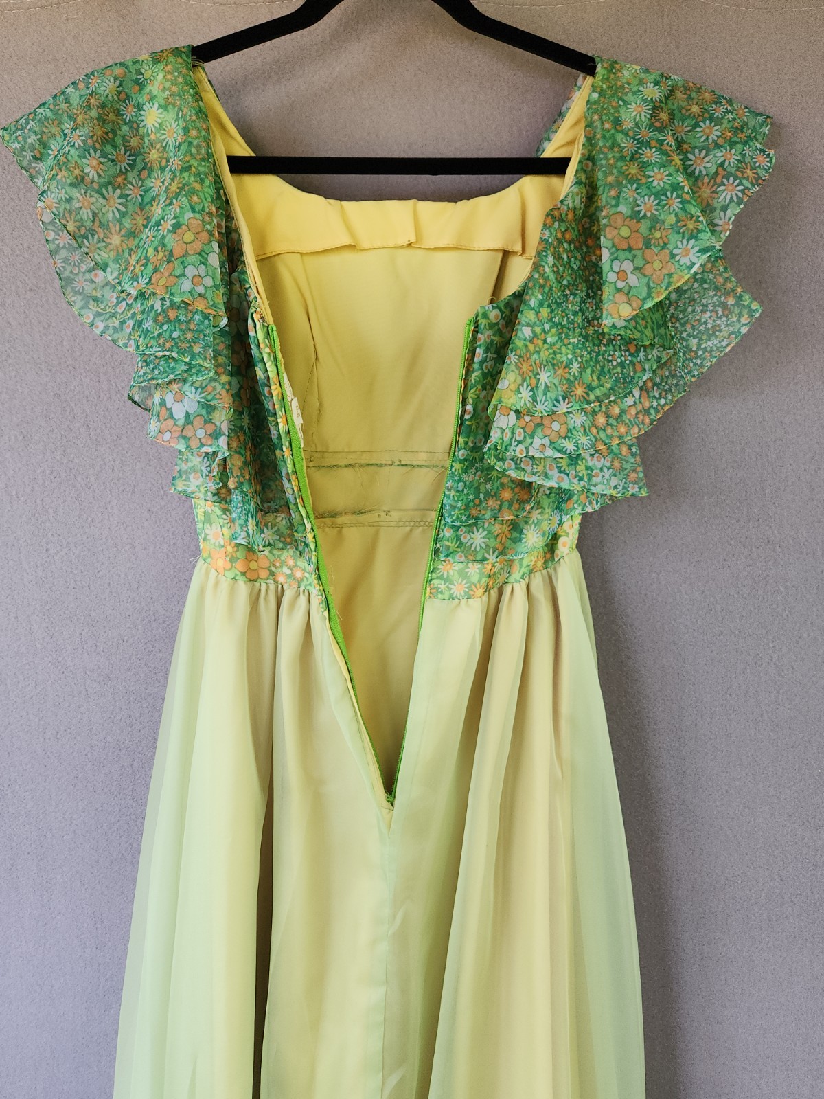 Vintage 60s Floral Chiffon Maxi Dress Ruffle Flutter Capelet Yellow Green Party