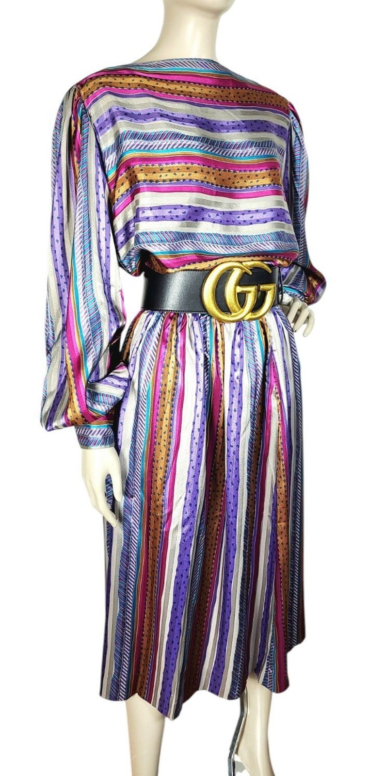 VTG 70s Evan Picone Silky Satin Mixed Media Puff Balloon Sleeve Blouse Skirt Set