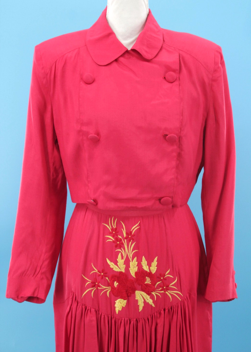 VTG Womens 90s 2 Pc Coral Red Embroidered Rayon Top & Skirt Dress Set XS/S 1990s