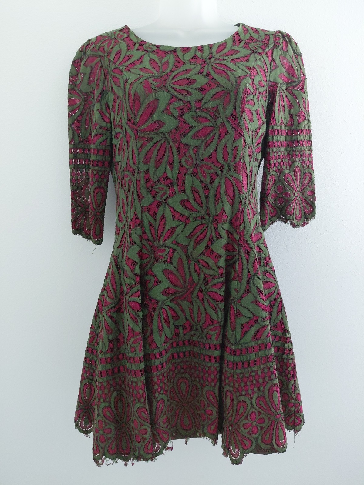 Y2K Dress Size Small Silk Cut Out Skater Green Lace Fairycore Stretch Resort VTG