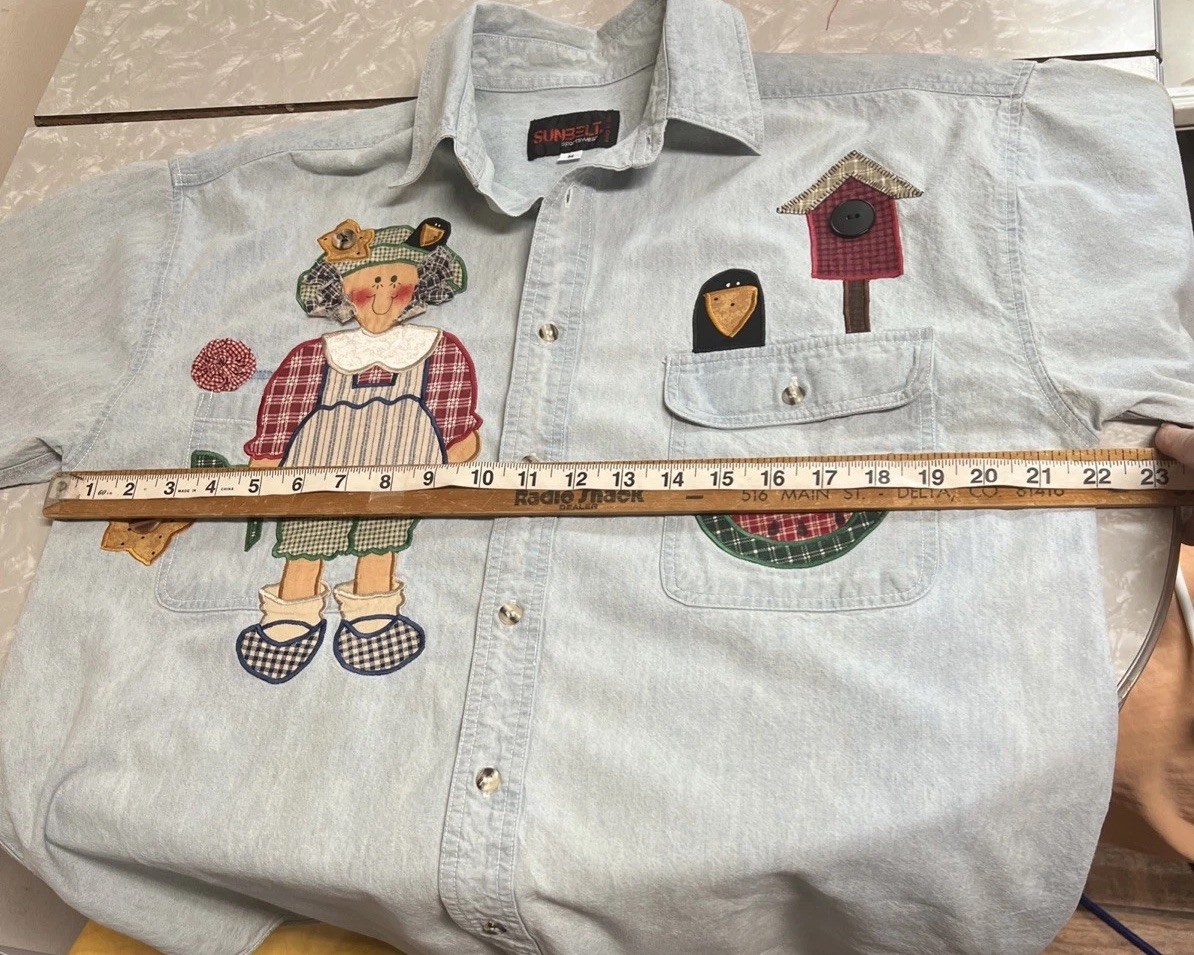 Vtg 1990 Sunbelt Sportswear Chambray Blouse Shirt Applique Gardening Boho Sz M