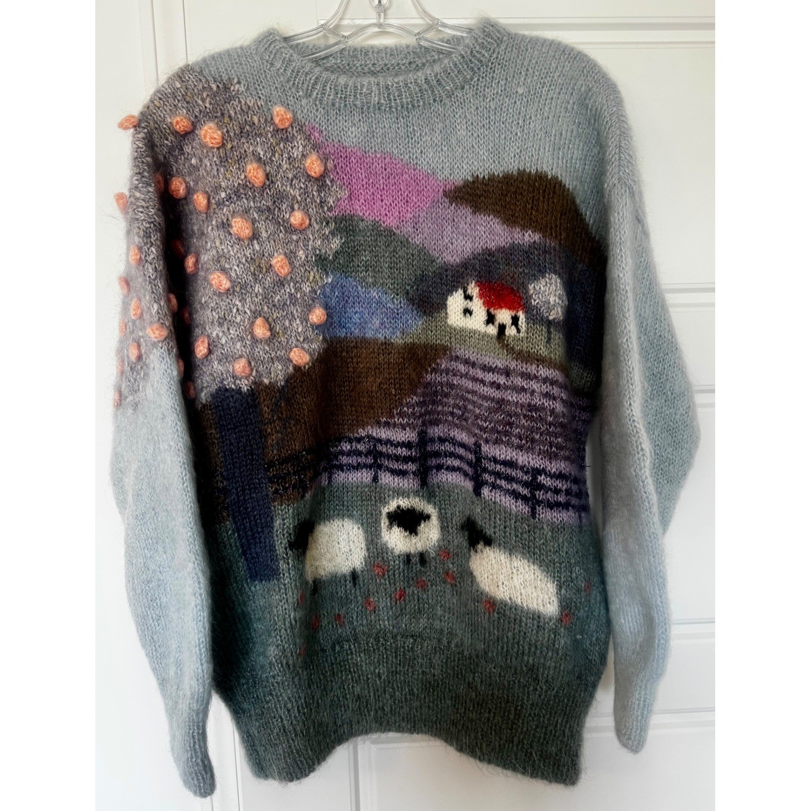 Vtg 80s SUSIE LEE Mohair Sheep Sweater Hand Knit Pastel Cottagecore Landscape L